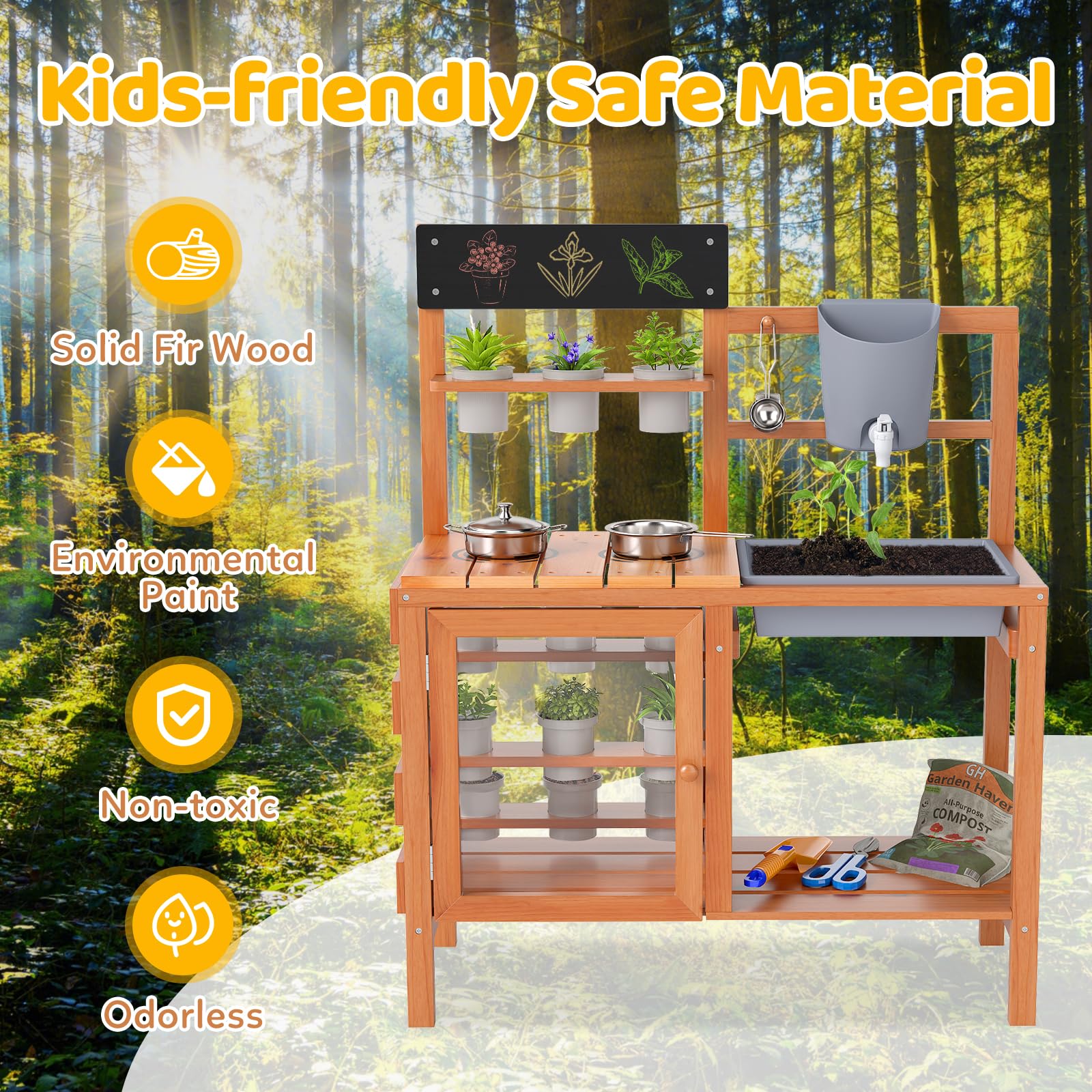INFANS Mud Kitchen for Kids Outdoor, Wooden Toddler Play Kitchen with Cooking Accessories, Toy Playset for Backyard Garden