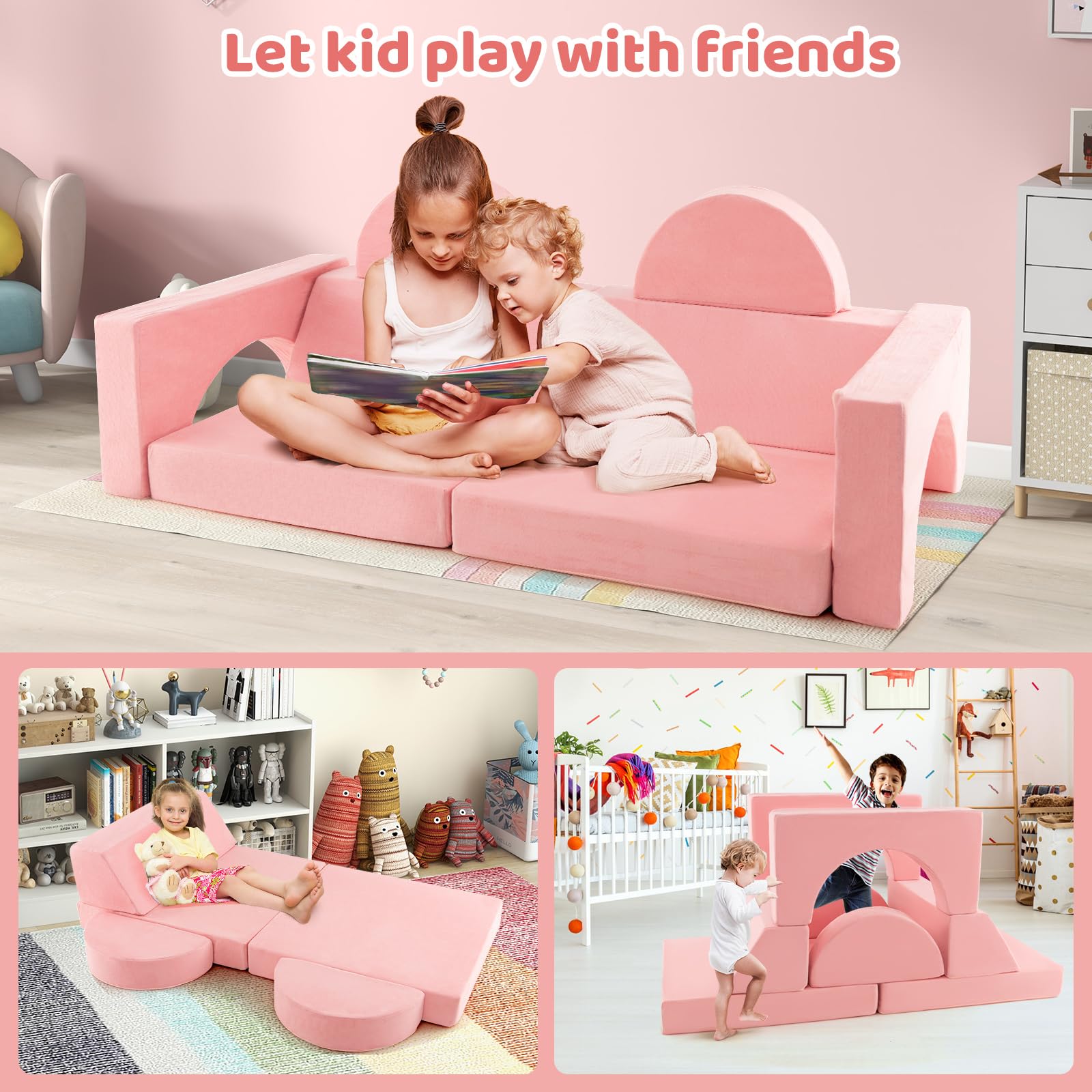INFANS Mondular Kids Play Couch, 8PCS Toddler Sectional Sofa Building Fort for Bedroom, Imaginative Convertible Floor Cushion