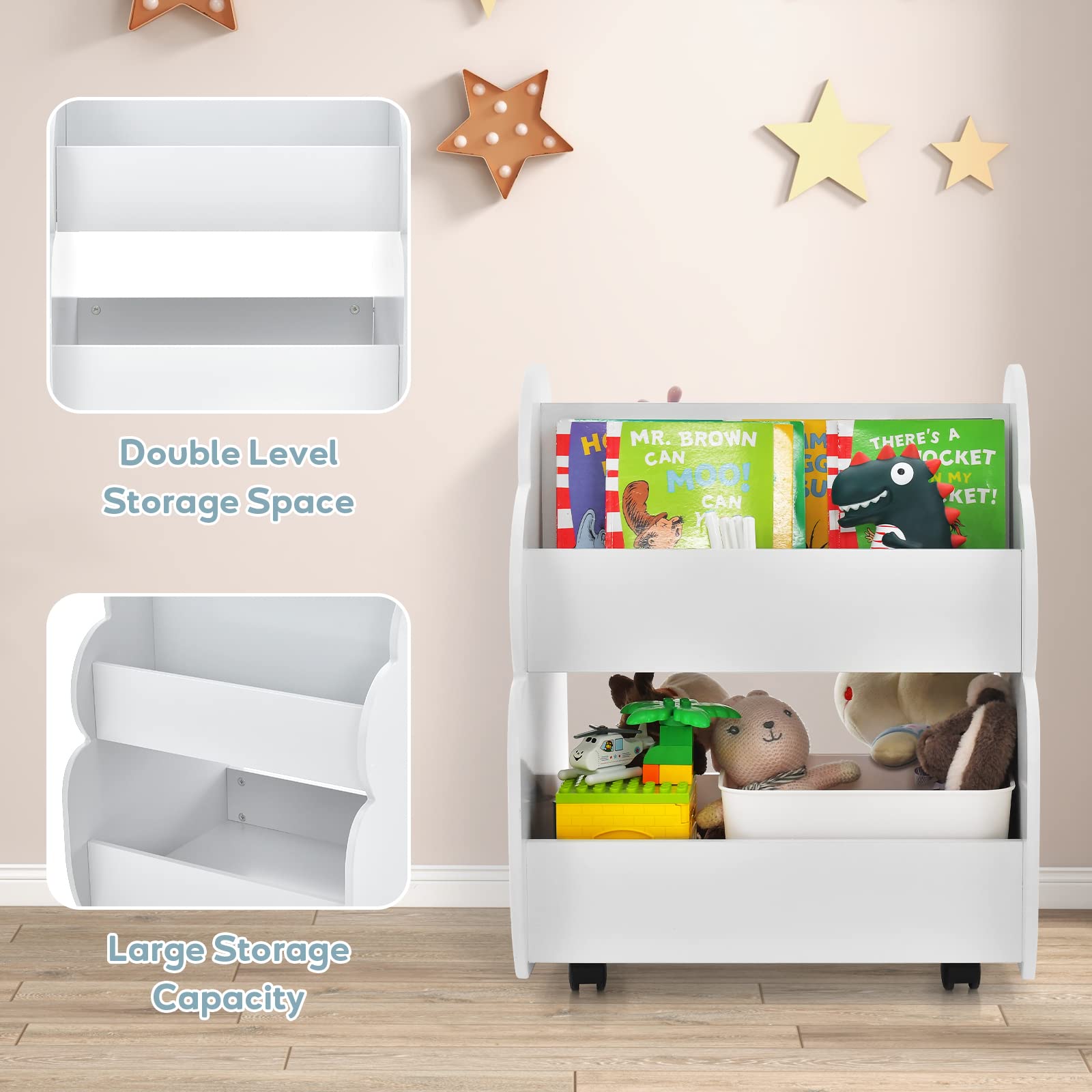 INFANS Kids Bookshelf with Wheels, Wooden Bookcase Toy Storage Cabinet Organizer Holder