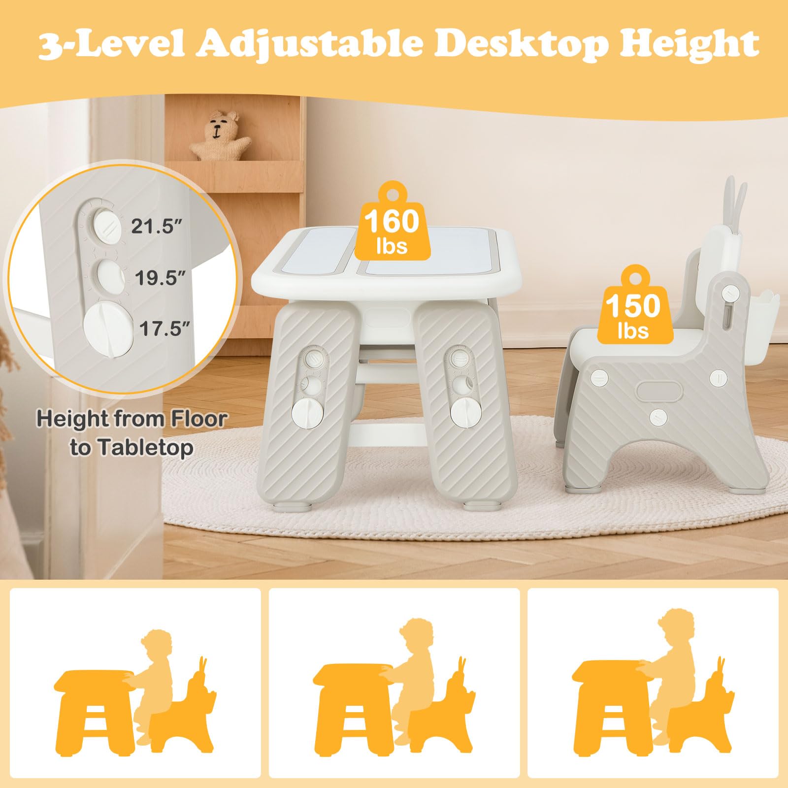 INFANS Kids Table and Chair Set, Activity Table with Magnetic Drawing Board Adjustable Height, Toddler Plastic Furniture Table