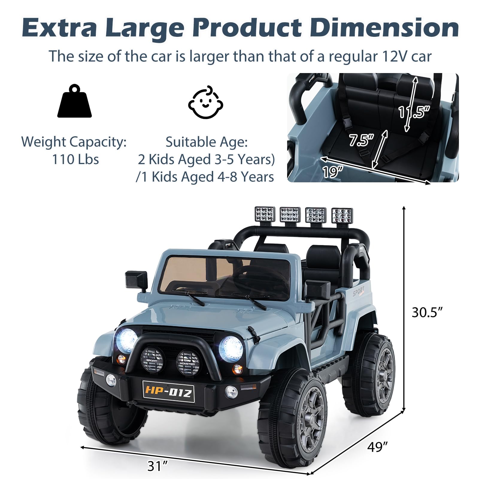 INFANS 2 Seater Ride on Truck, 12V Battery Powered Electric Vehicle for Kids with Remote Control, Power Display, LED Lights