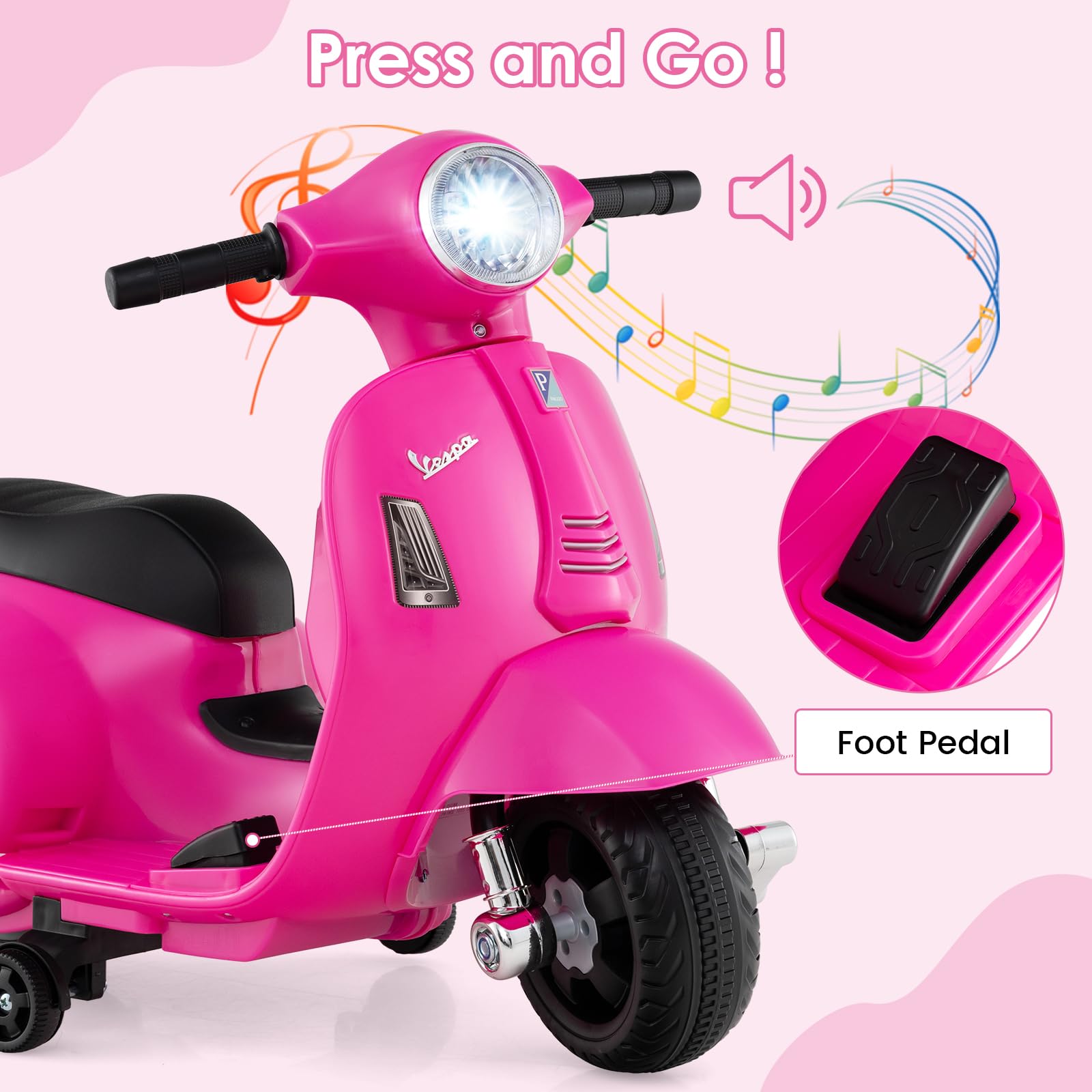 INFANS Licensed Vespa Kids Motorcycle, 6V Battery Powered Motorbike for Toddlers with Training Wheels, Horn, LED Lights
