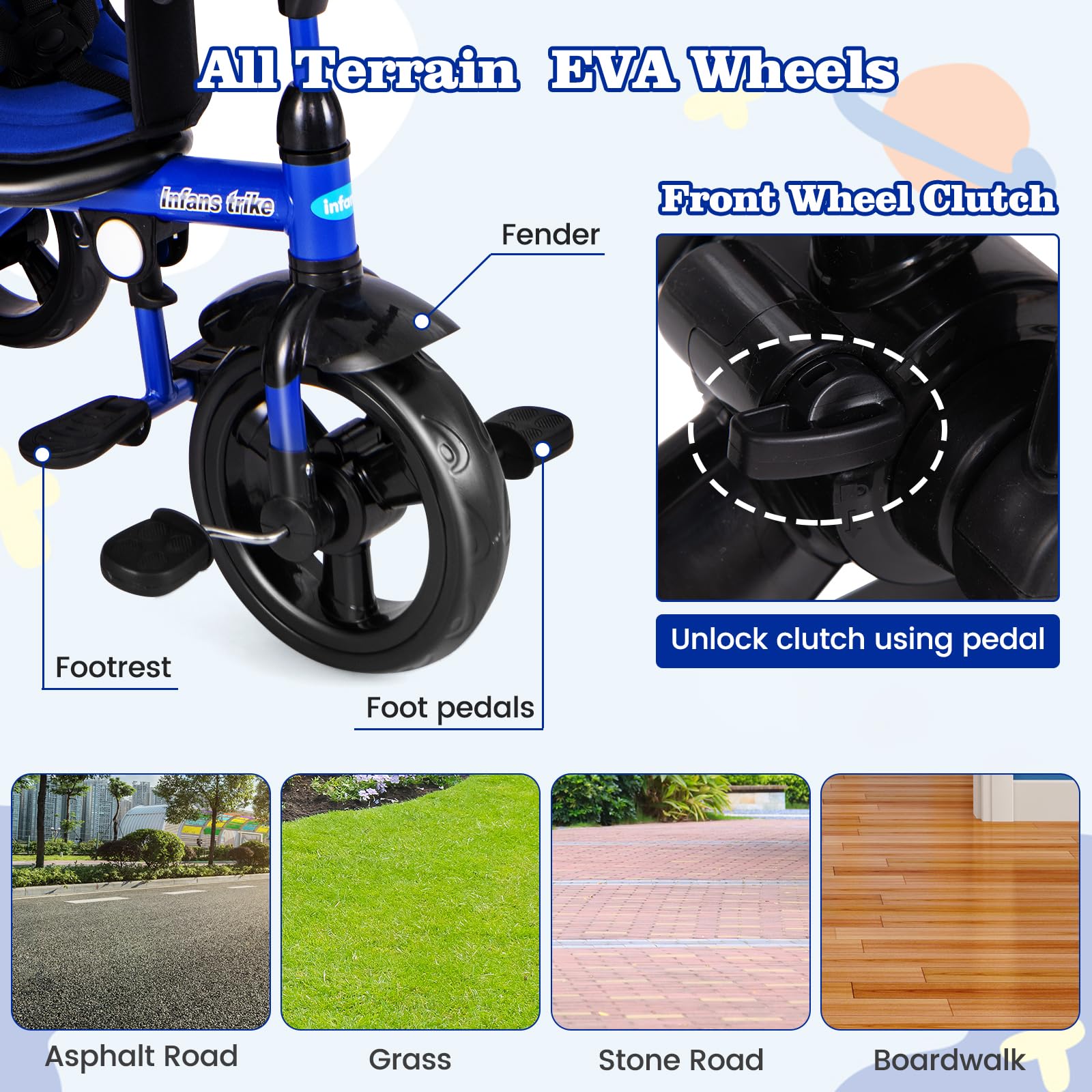 INFANS Kids Tricycle, 4 in 1 Stroll Trike with Adjustable Push Handle, Suitable for 10 Months to 5 Years
