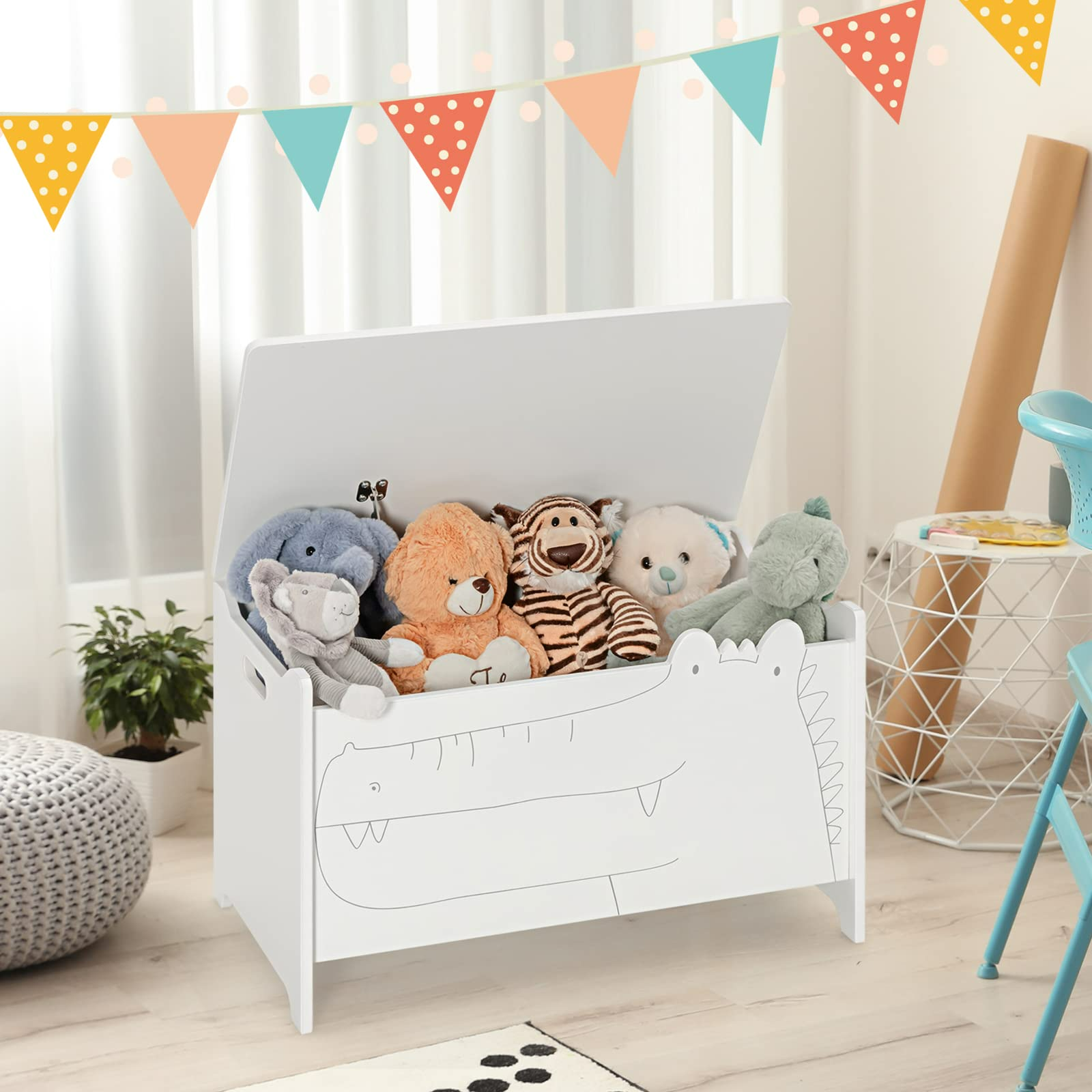 INFANS Wooden Toy Chest , Wide Kids Toy Box Storage Space with Safety Hinge and Handles INFANS