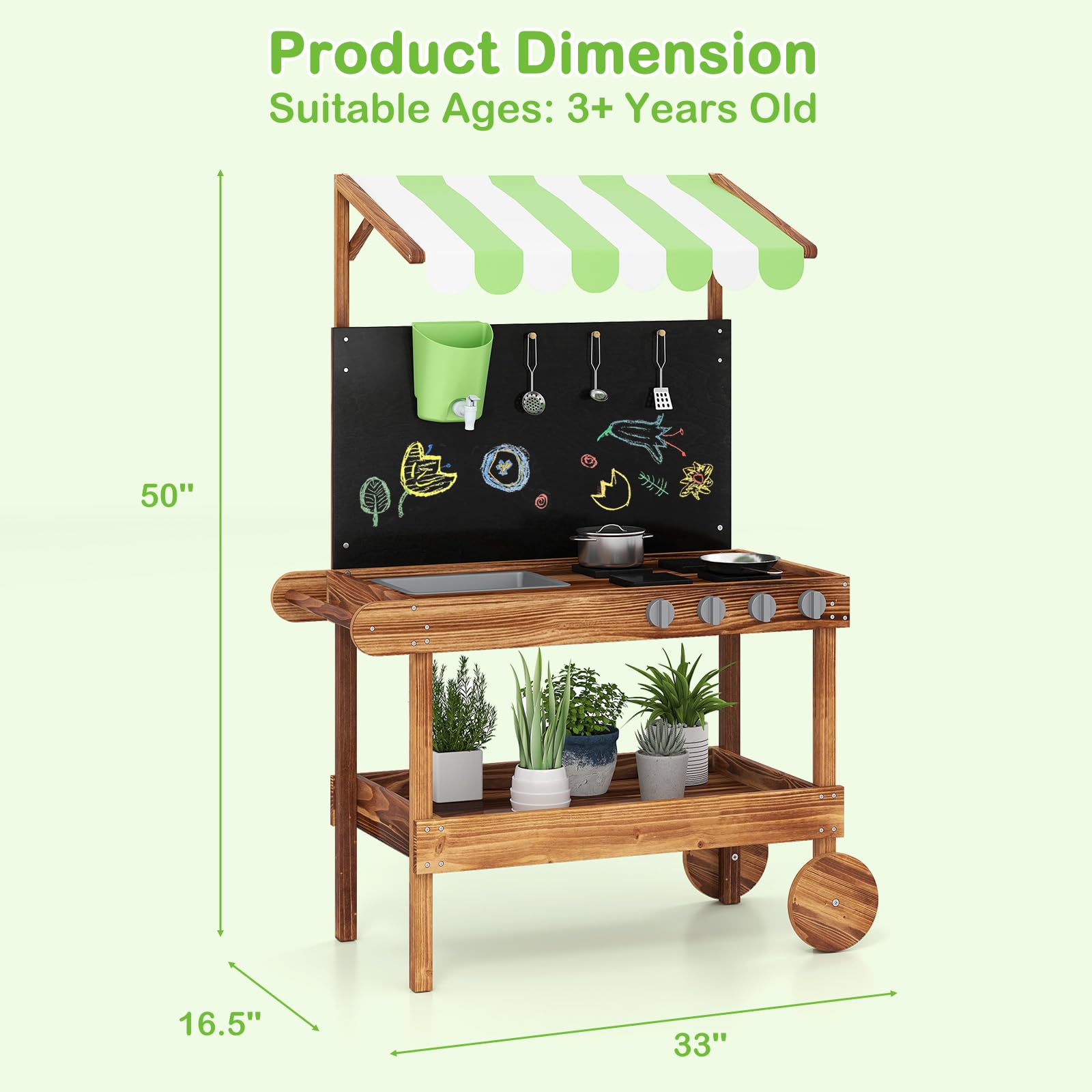 INFANS Outdoor Play Kitchen with Drawing Board Wooden Kids Kitchen Playset Gift