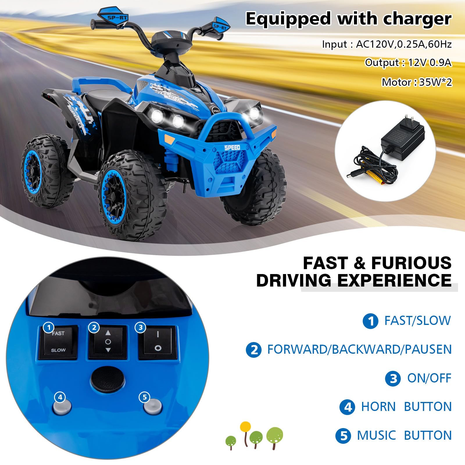 INFANS Kids Ride on ATV, 12V 4 Wheeler Quad Toy Vehicle, Electric Ride on Toy, Battery Powered Wheels Car