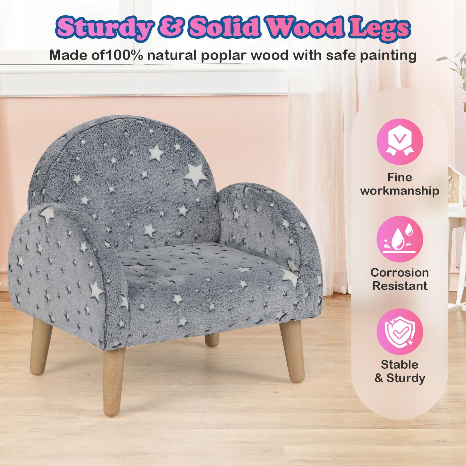 INFANS Kids Sofa with Glow in The Dark, Toddler Armchair Couch, Upholstered Comfy Foam Children Chair for Kindergarten Playroom