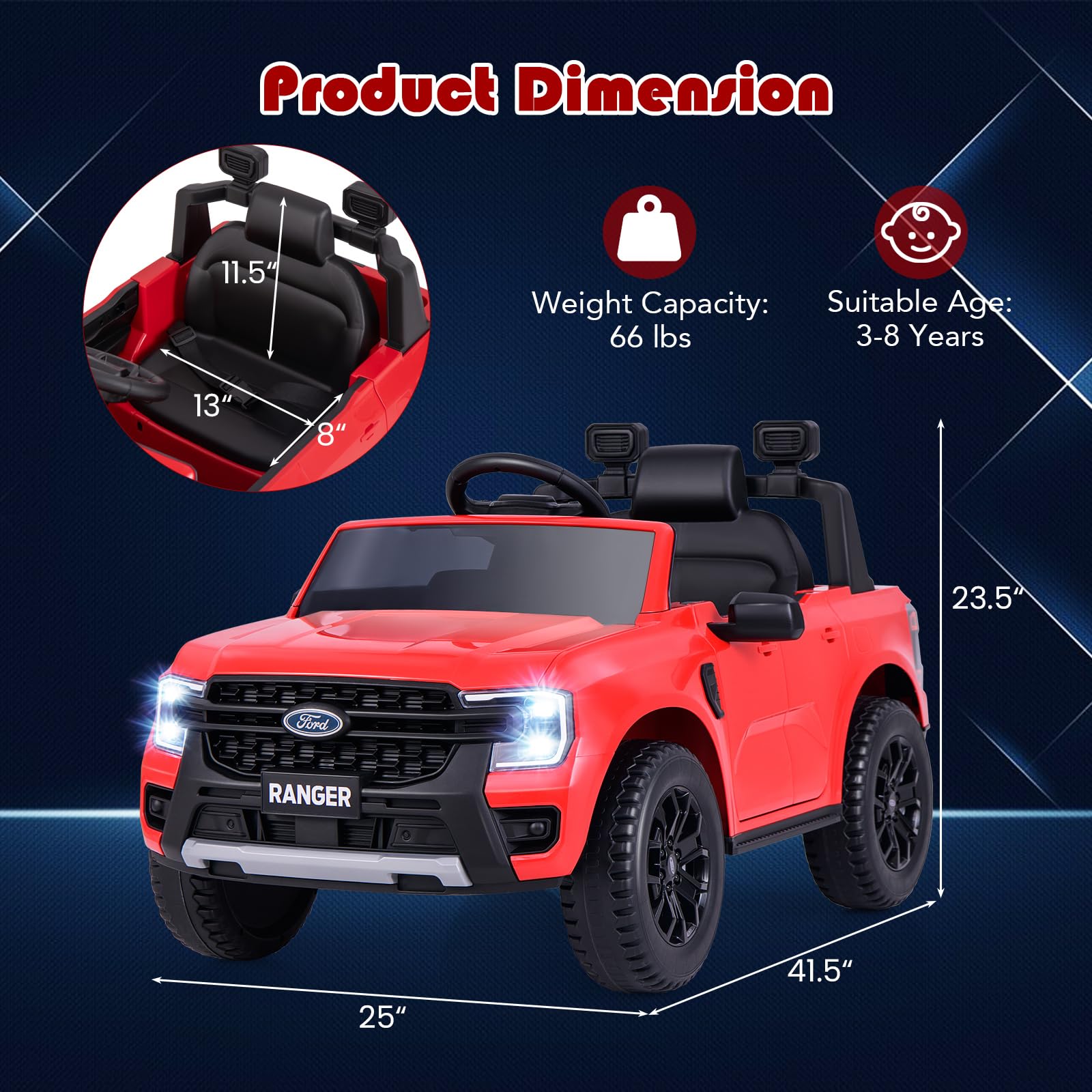 INFANS Licensed Ford Ranger Ride on Pickup Truck by INFANS, 12V Battery Powered Electric Vehicle for Kids with Remote Control