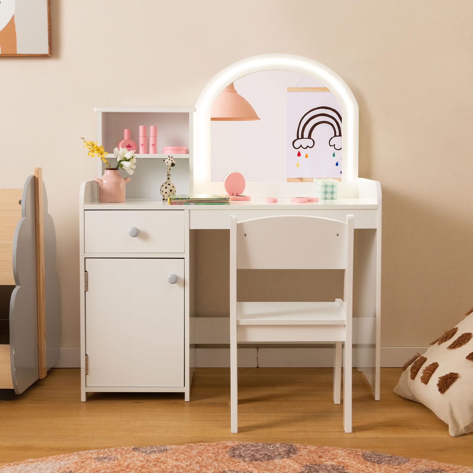 INFANS Kids Vanity, Princess Makeup Desk and Chair Set with Lights Mirror, Pretend Play Vanity Set for Toddler Girls