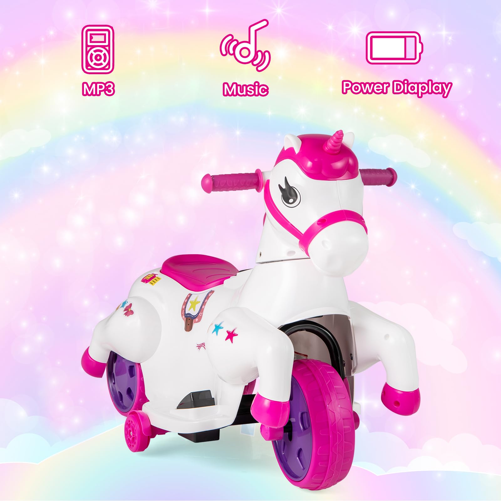 INFANS 2 in 1 Ride on Motorcycle and Horse, Unicorn 6V Battery Powered Ride on Toy with Up & Down Function, Kids Electric Vehicle