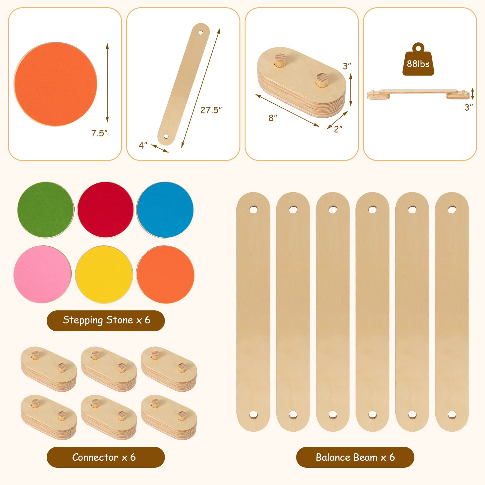 INFANS Montessori Wooden Balance Beam Stepping Stones for Kids, 12 Piece Obstacle Course for Playroom