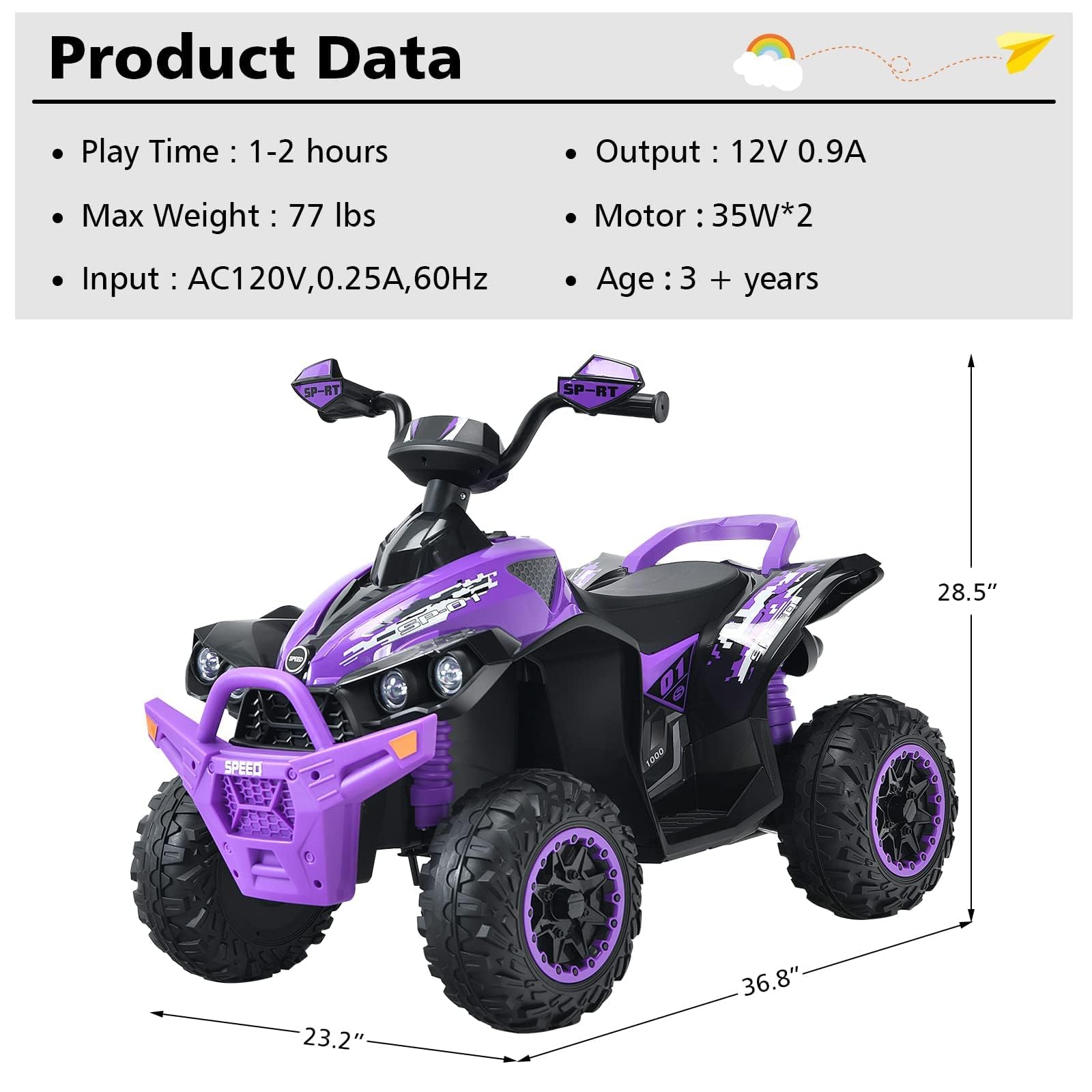 INFANS Kids Ride on ATV, 12V 4 Wheeler Quad Toy Vehicle, Electric Ride on Toy, Battery Powered Wheels Car