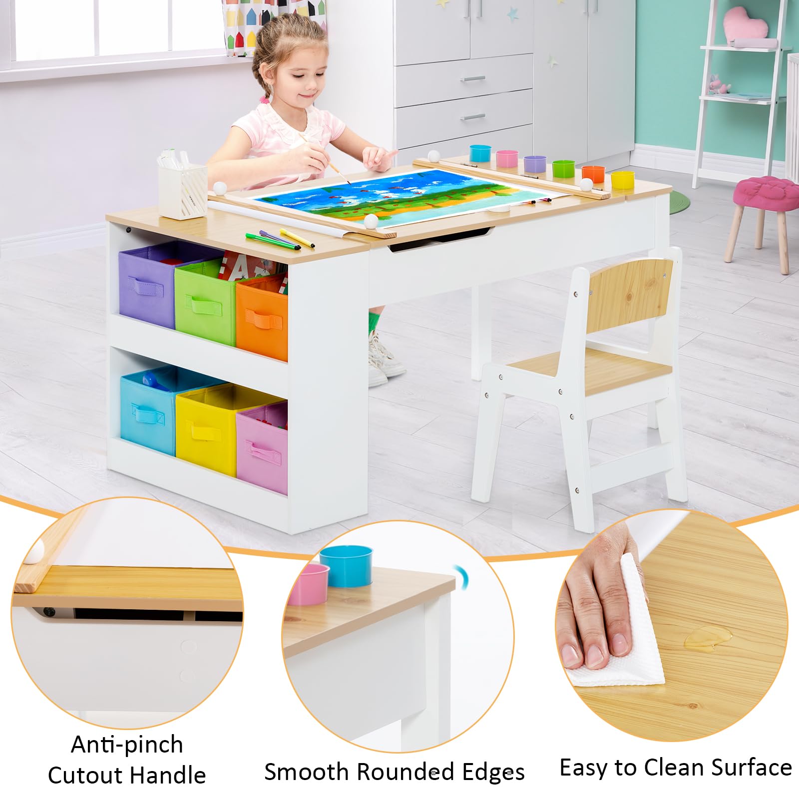 INFANS 3 in 1 Kids Art Table and Chair Set, Toddler Craft Play Wood Activity Desk with 2 Chairs Storage Canvas Bins