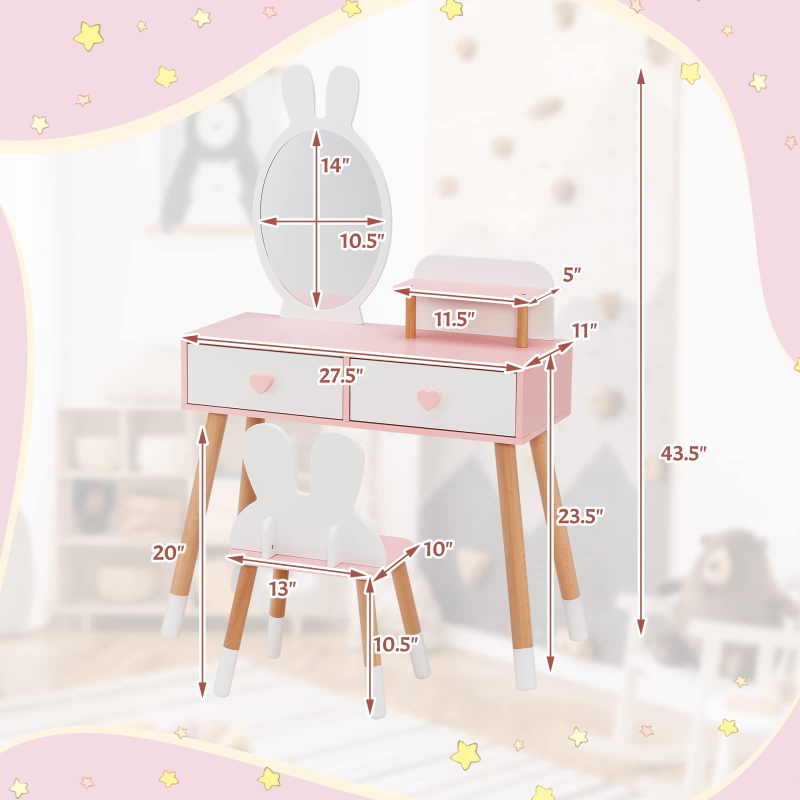 INFANS Kids Vanity Set, 2 in 1 Wooden Princess Makeup Table and Chair with Mirror INFANS