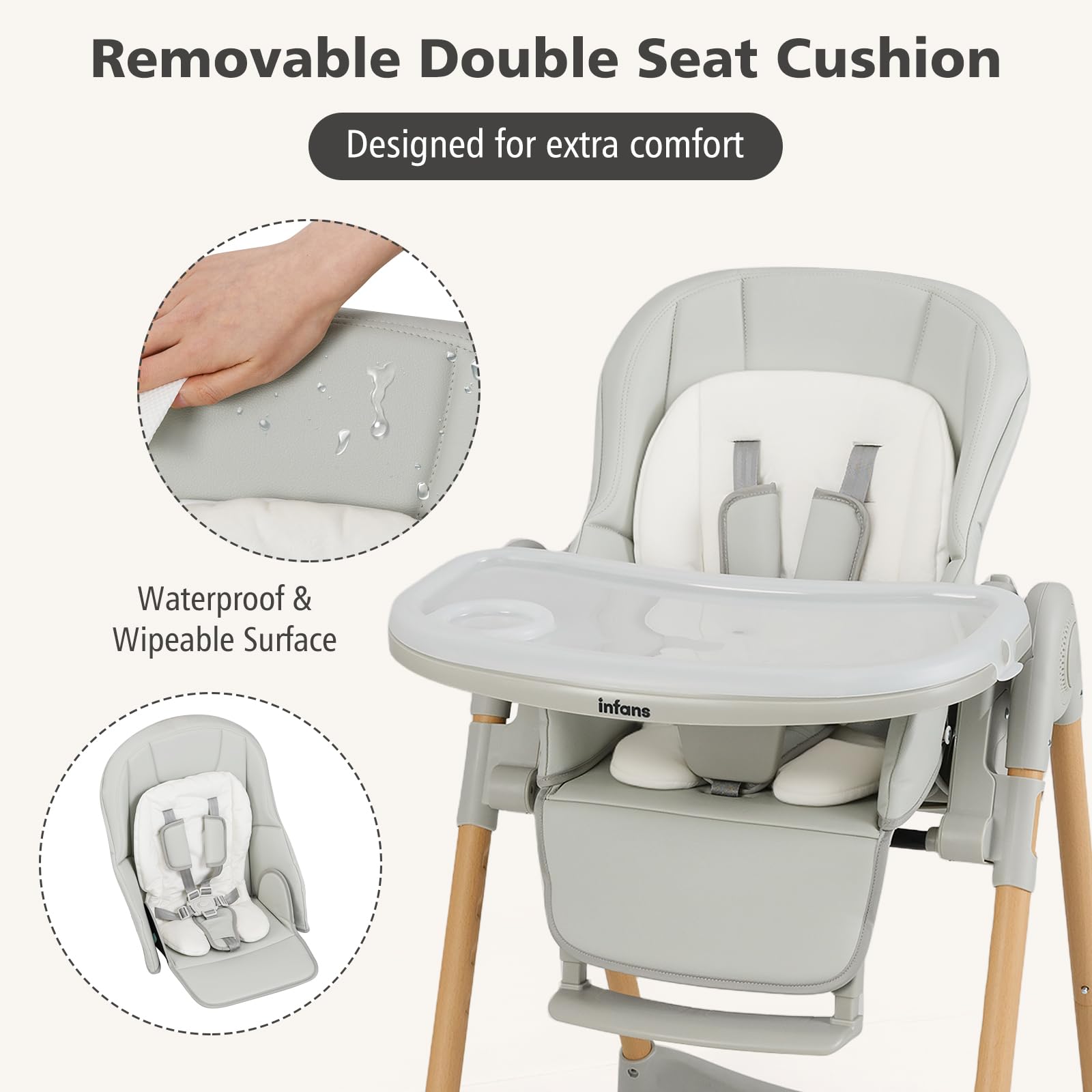 INFANS Baby High Chair, High Chairs for Babies & Toddlers with Adjustable Height, Easy to Clean Convertible Quick Folding