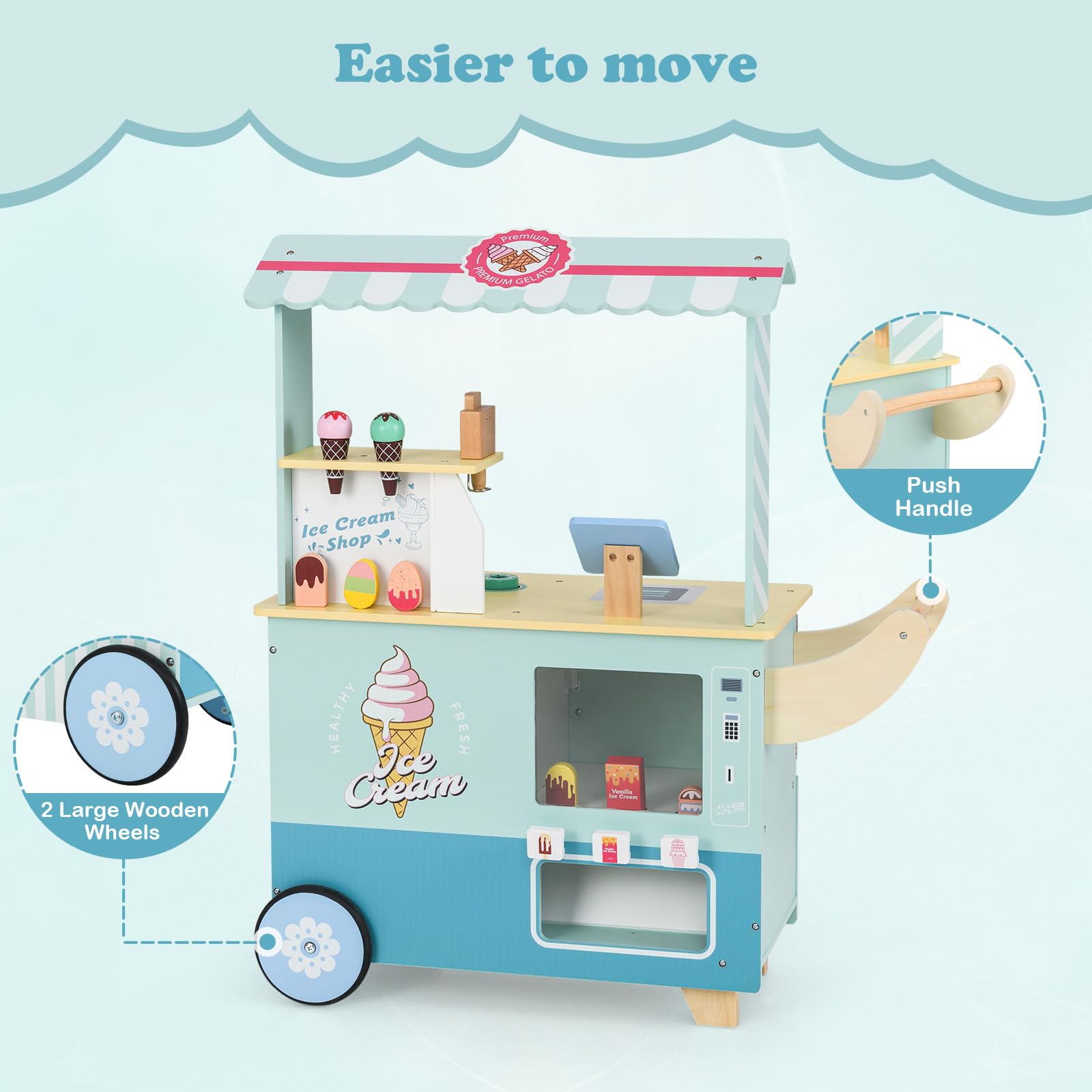 INFANS Ice Cream Cart Grocery Store Marketplace Toy, Market Stand Shop Pretend Play Set with Accessories Gift for Ages 3+