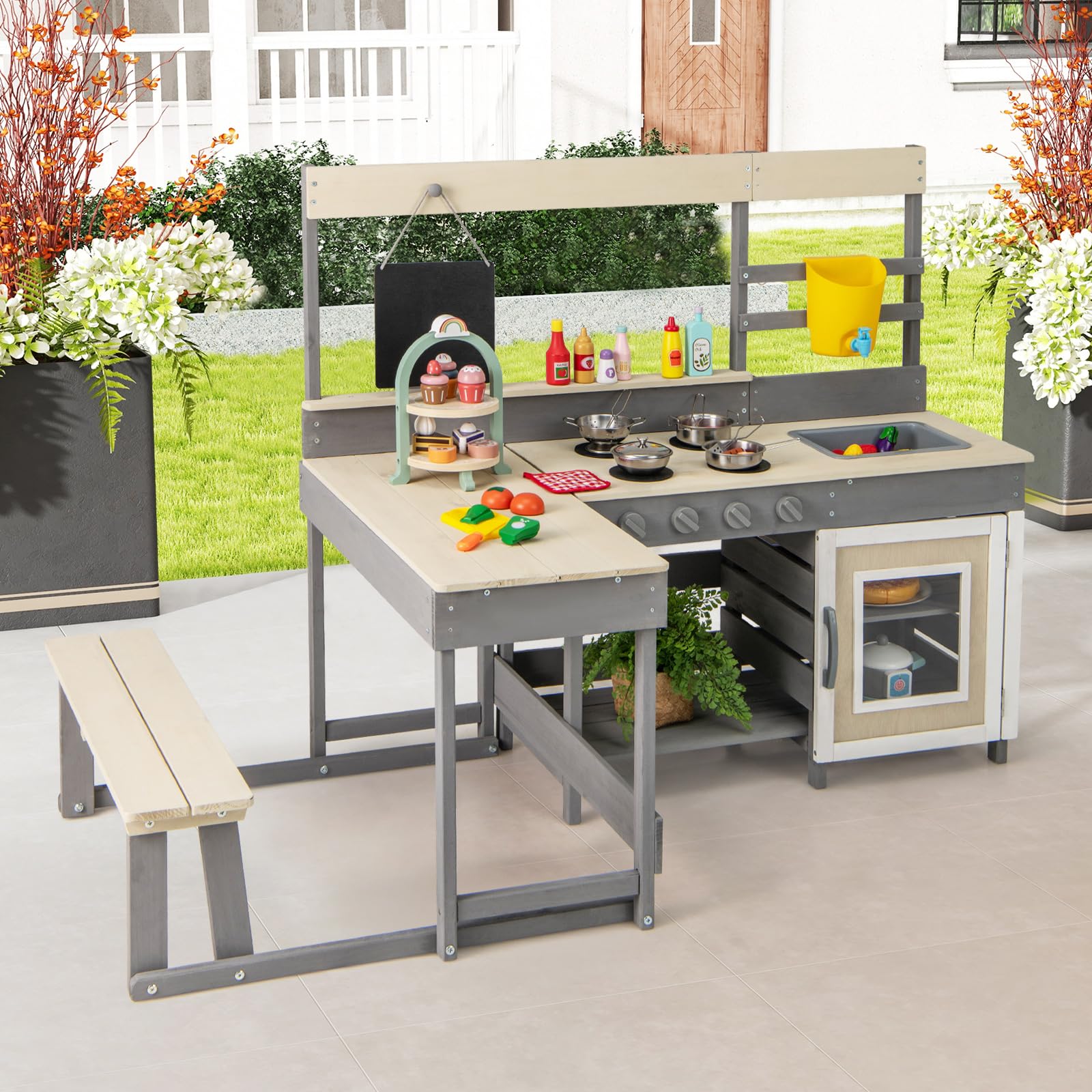 INFANS Mud Kitchen, Outdoor Play Kitchen with Faucet Chalkboard Stoves Removable Sink Cooking Accessories Wooden Kids Kitchen Playset