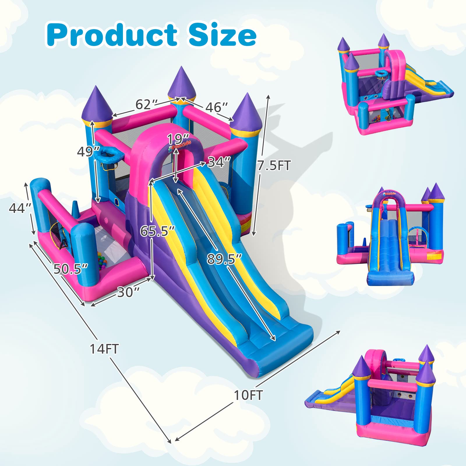 INFANS Inflatable Bounce House, Kids Pink Jumping Castle with Slide, Ball Pit, Climbing Wall, Basketball Rim