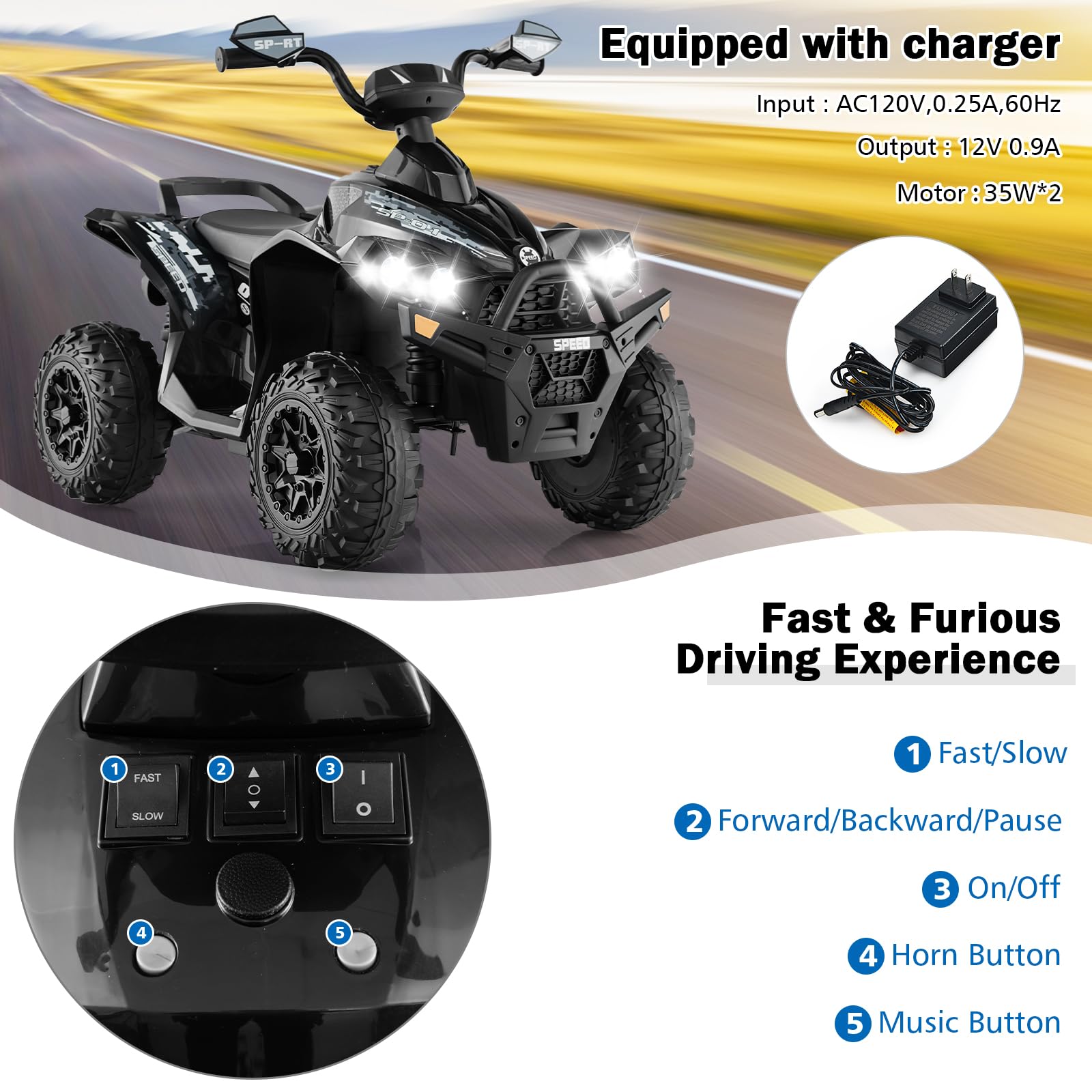 INFANS Kids Ride on ATV, 12V 4 Wheeler Quad Toy Vehicle, Electric Ride on Toy, Battery Powered Wheels Car