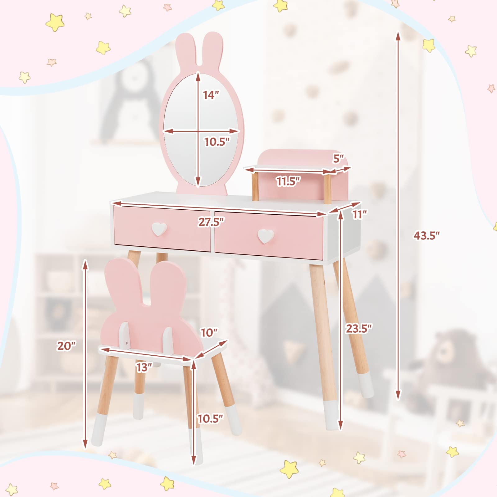 INFANS Kids Vanity Set, 2 in 1 Wooden Princess Makeup Table and Chair with Mirror INFANS