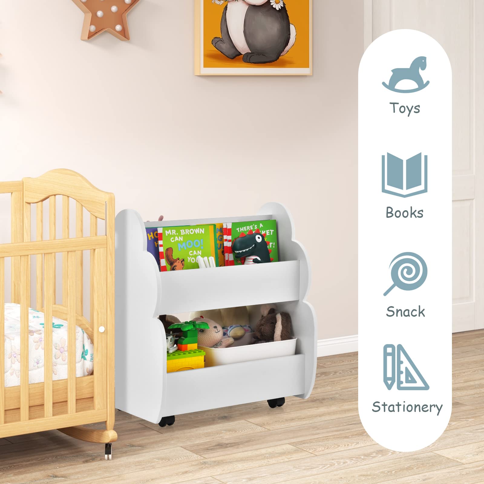 INFANS Kids Bookshelf with Wheels, Wooden Bookcase Toy Storage Cabinet Organizer Holder