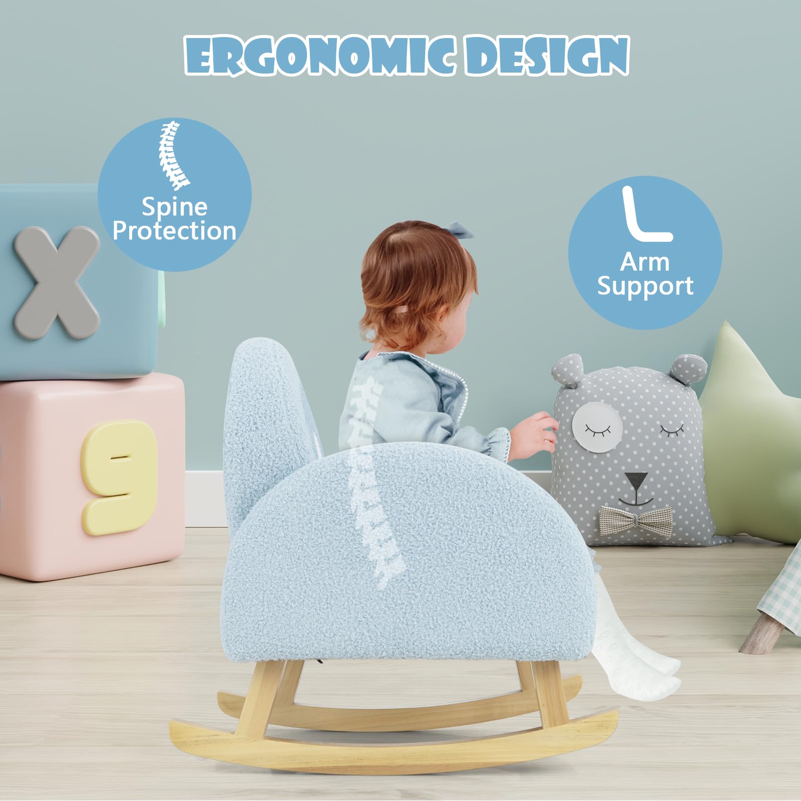 INFANS Kids Sofa, Toddler Rocking Chair with Solid Wooden Frame, Anti-Tipping Design, Plush Fabric, Children Armchair