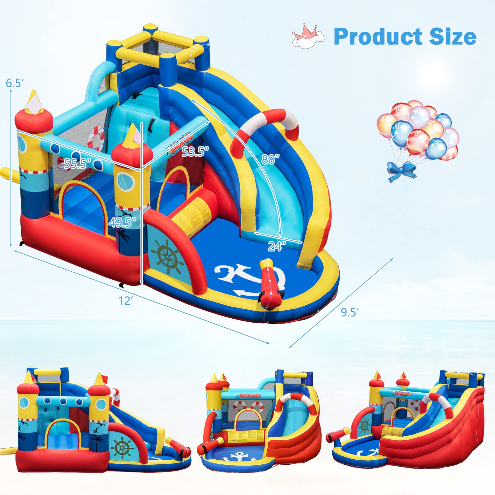 INFANS Inflatable Water Slides, Nautical Themed Bouncy House with Splash Pool, Water Gun, Outdoor Jumping Castle (with Air Blower)