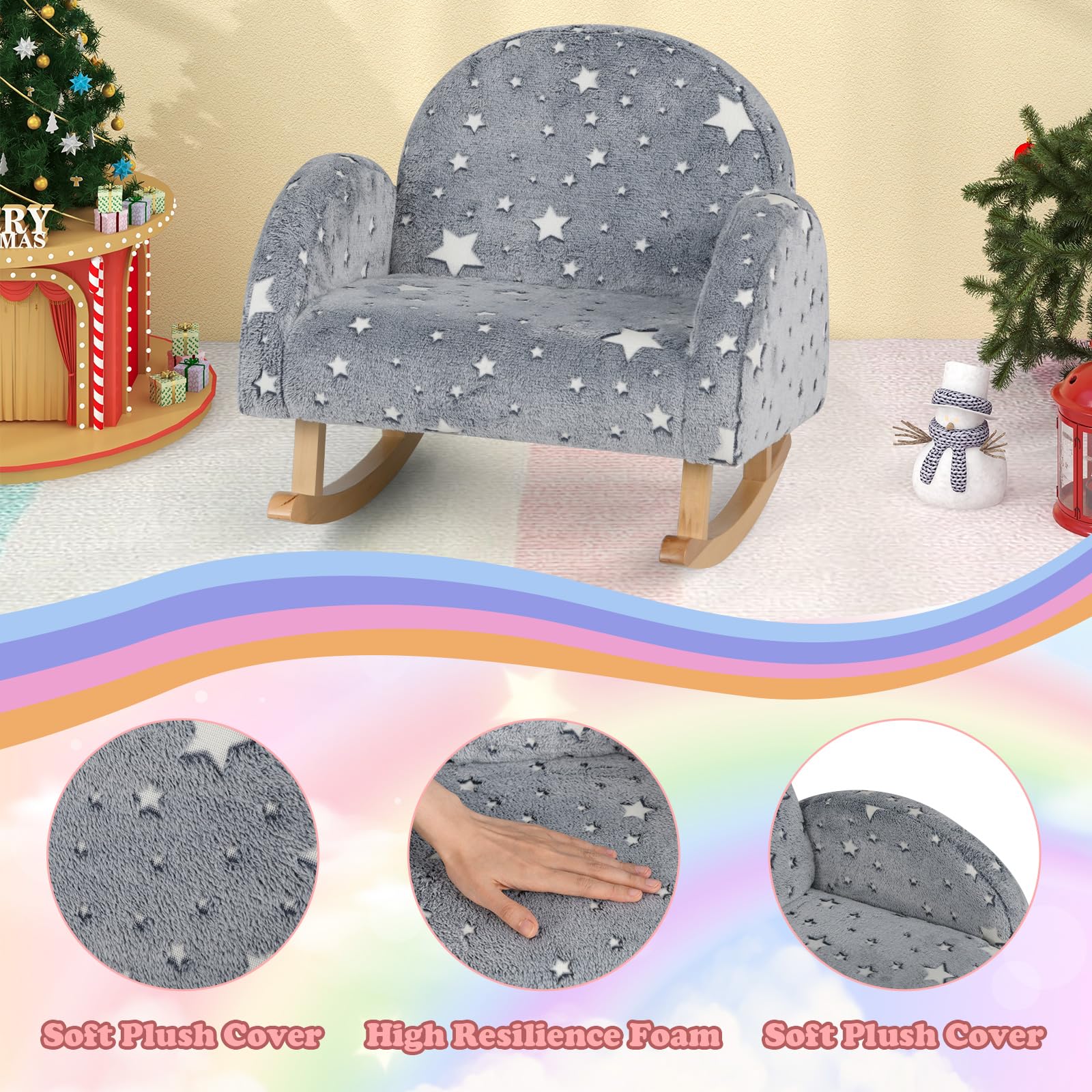INFANS Kids Sofa with Glow in The Dark, Toddler Rocking Chair, Upholstered Comfy Foam Children Chair for Kindergarten Playroom