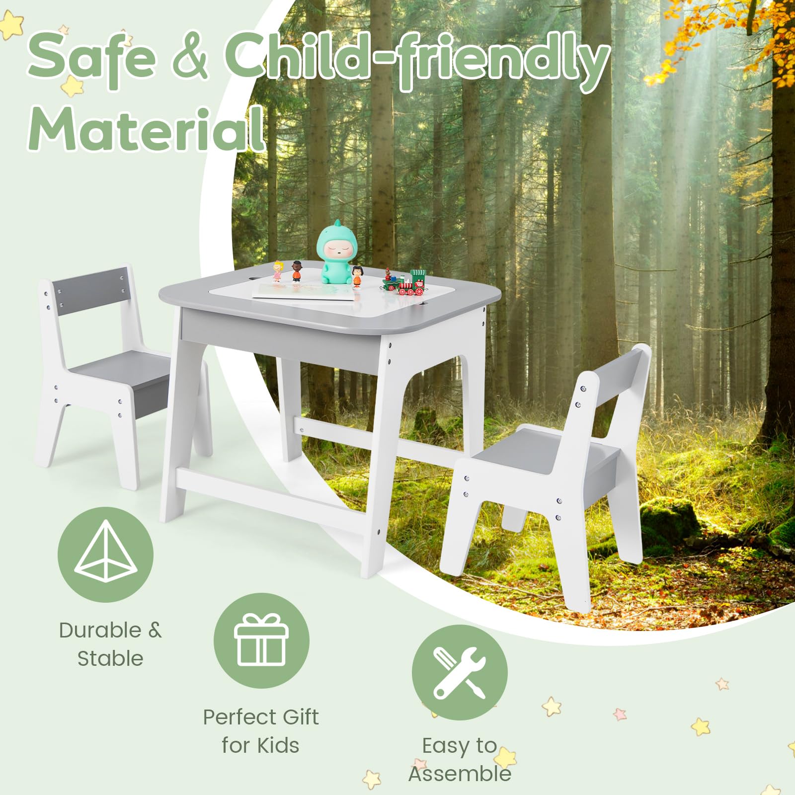 INFANS Kids Table and Chair Set, 3 in 1 Wooden Activity Table with Removable Tabletop, Blackboard and Whiteboard