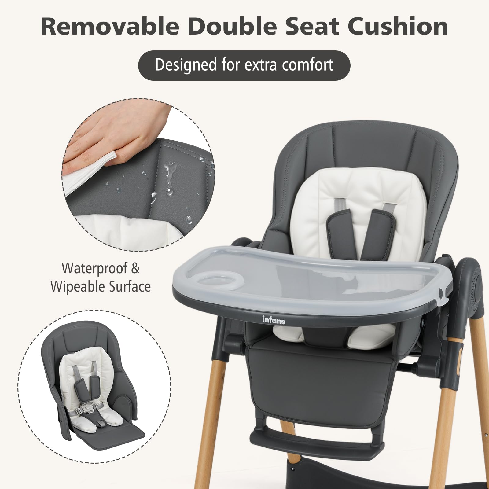 INFANS Baby High Chair, High Chairs for Babies & Toddlers with Adjustable Height, Easy to Clean Convertible Quick Folding