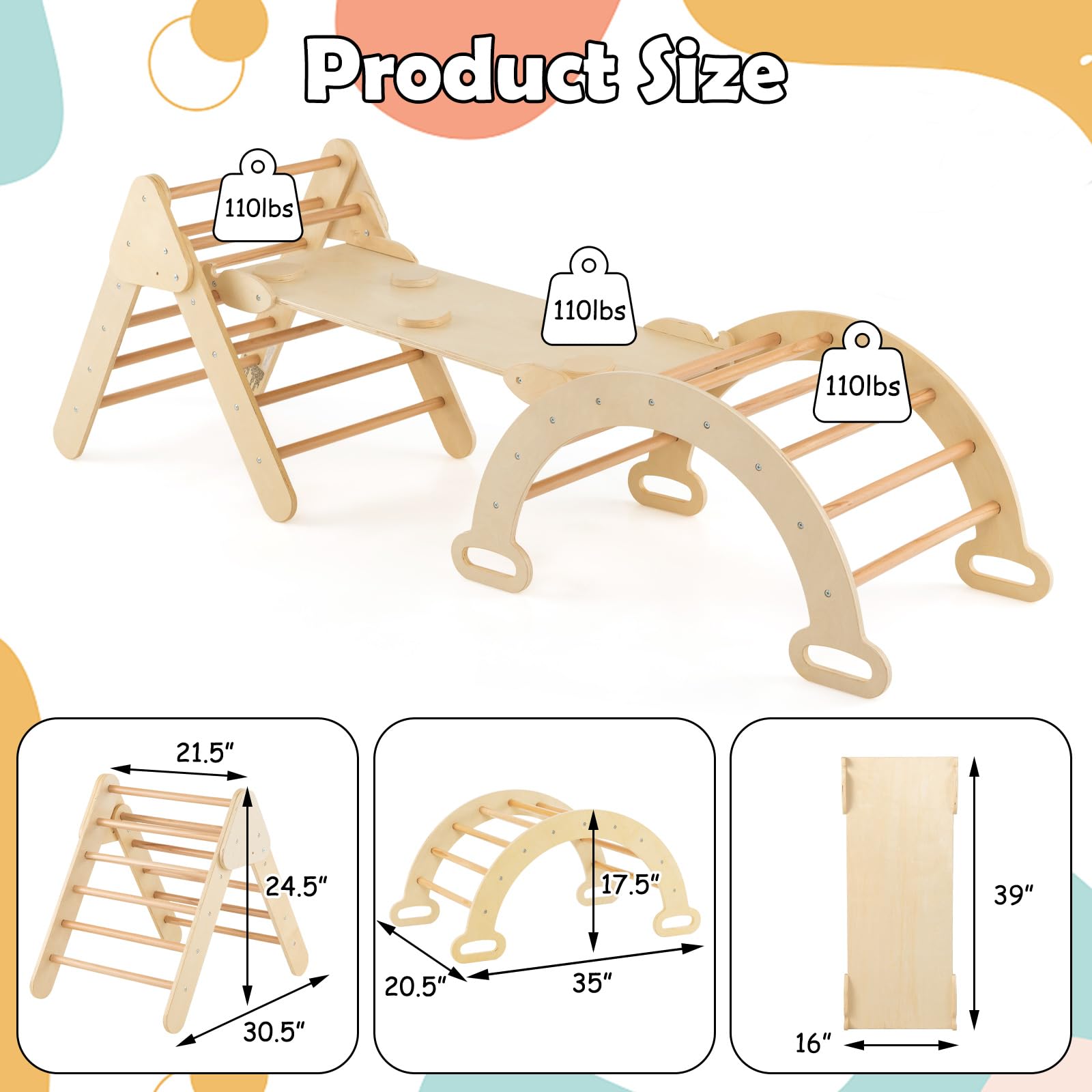 INFANS Climbing Toys for Toddlers, 5 in 1 Kids Wooden Montessori Triangle Set Climber Toy, Indoor Climb Activity