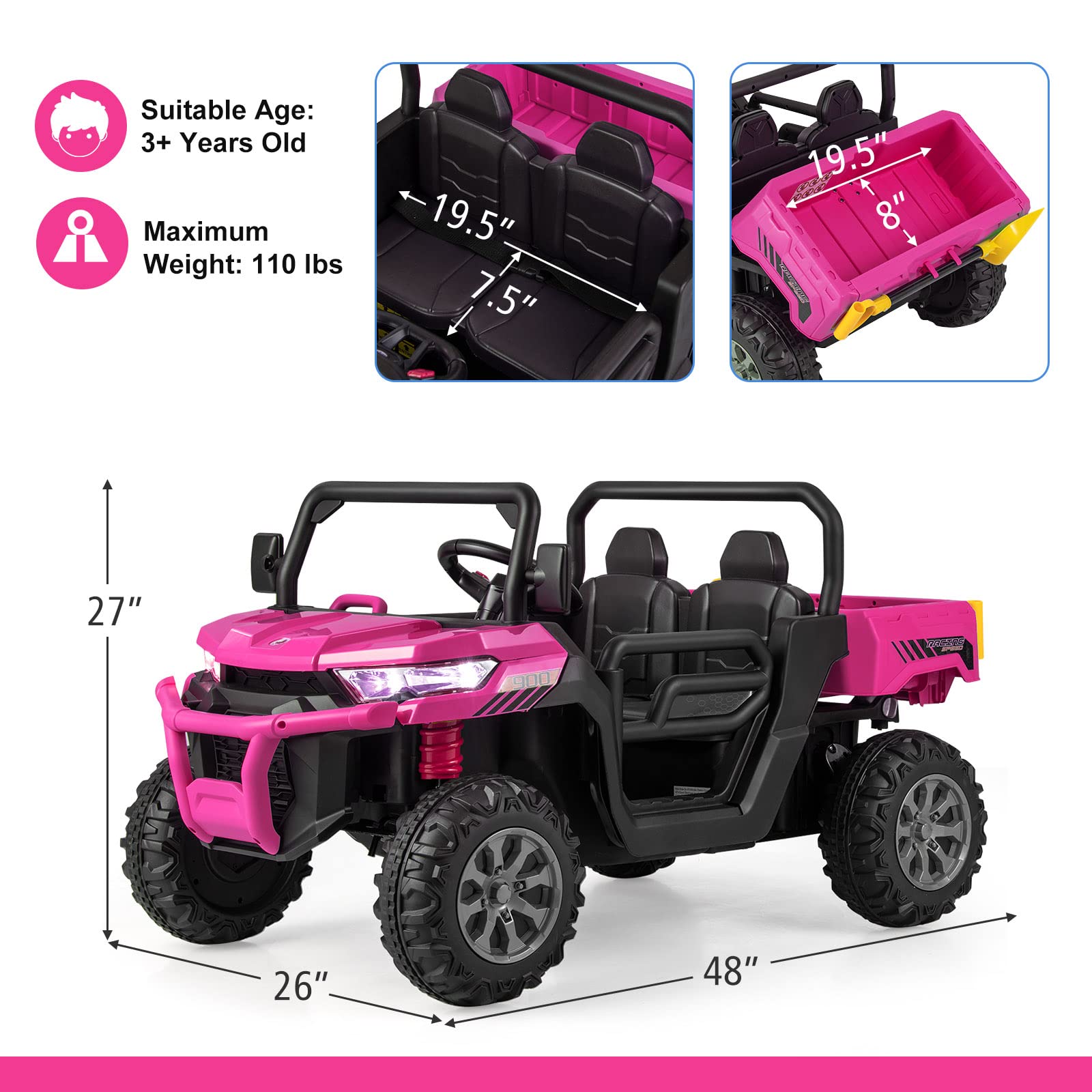 INFANS 2 Seater Ride on UTV, 12V Kids Electric Vehicle Dump Truck, Toddlers Battery Powered Car with Music