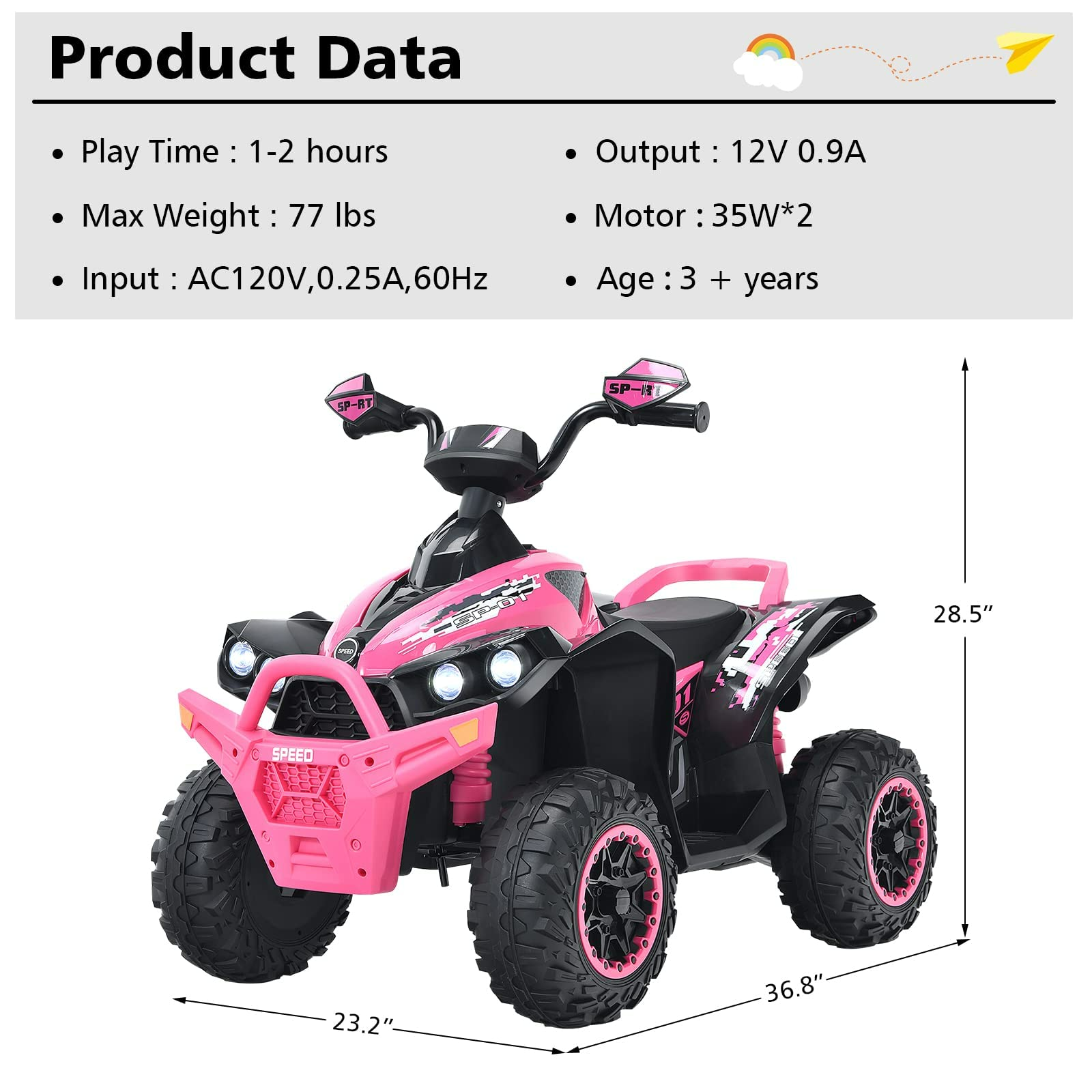 INFANS Ride On ATV, 12V 4 Wheeler Battery Powered Toy Car for Toddlers INFANS