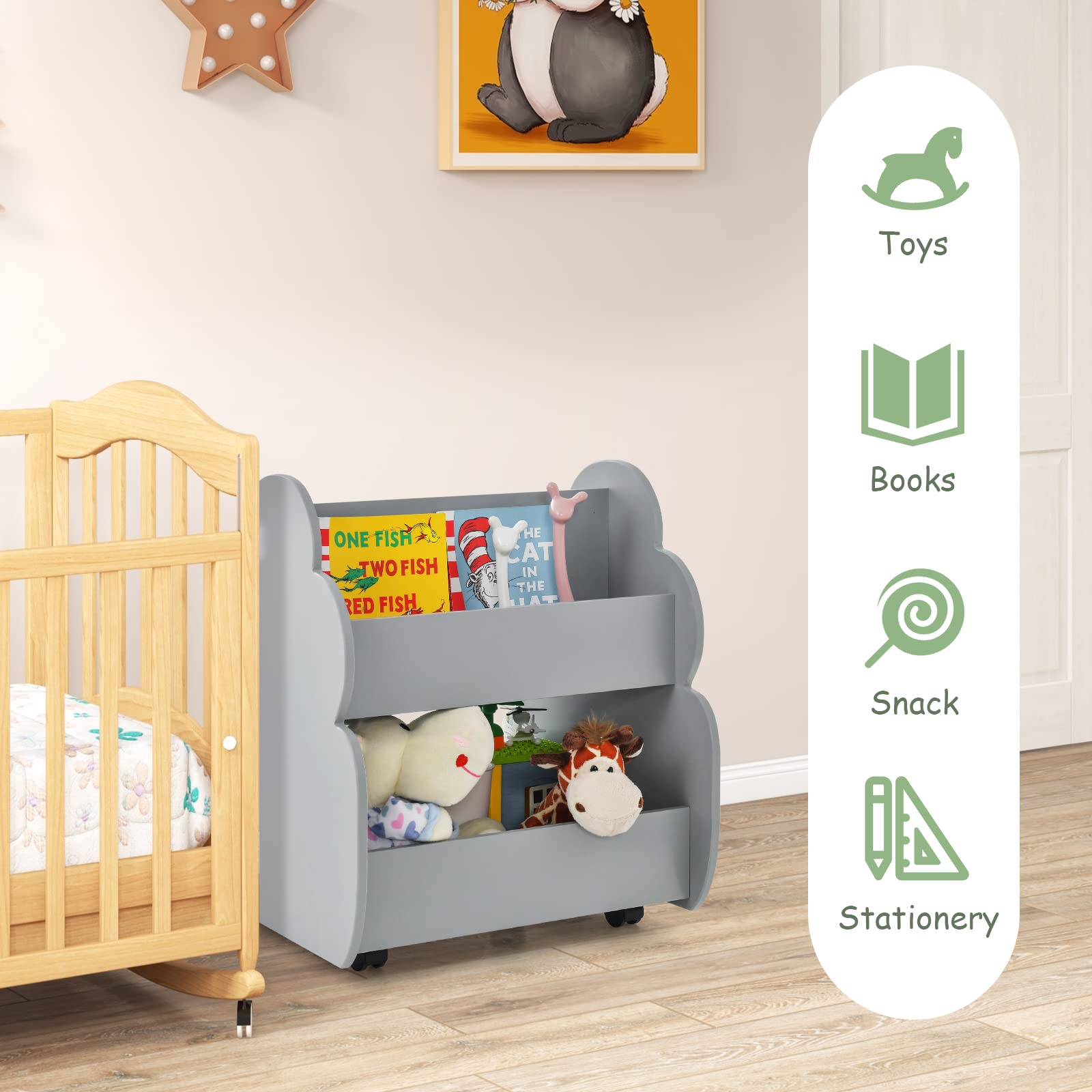 INFANS Kids Bookshelf with Wheels, Wooden Bookcase Toy Storage Cabinet Organizer Holder