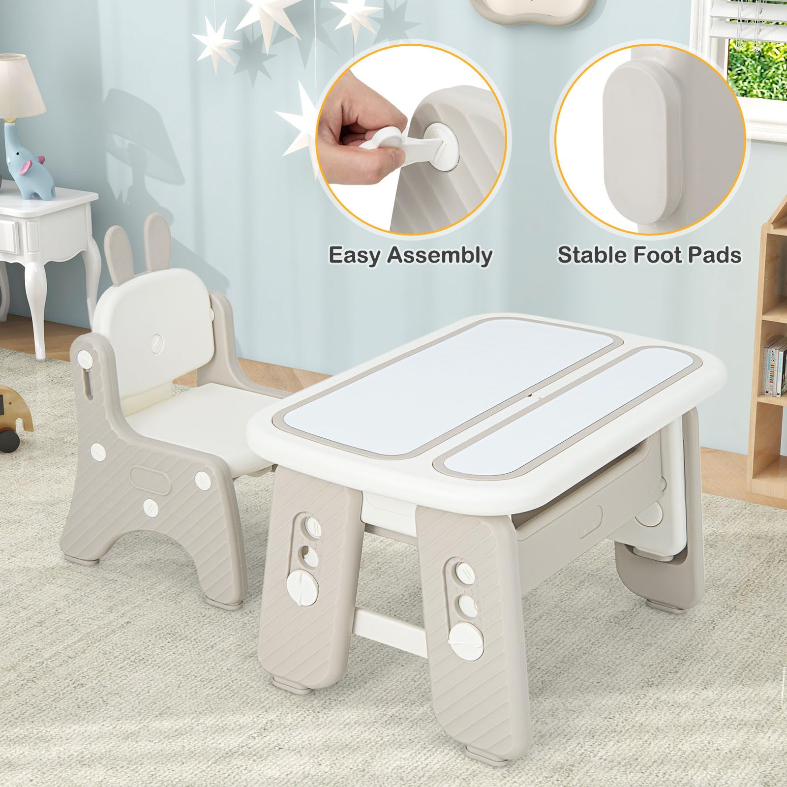 INFANS Kids Table and Chair Set, Activity Table with Magnetic Drawing Board Adjustable Height, Toddler Plastic Furniture Table