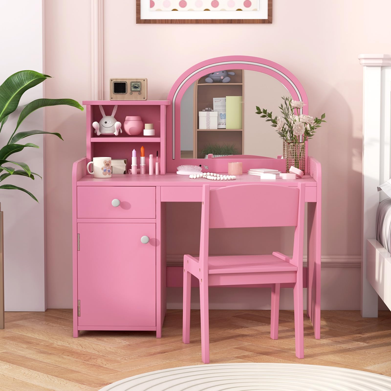 INFANS Kids Vanity, Princess Makeup Desk and Chair Set with Lights Mirror, Pretend Play Vanity Set for Toddler Girls