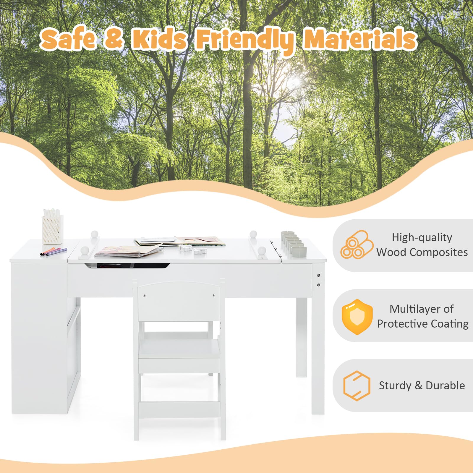 INFANS 3 in 1 Kids Art Table and Chair Set, Toddler Craft Play Wood Activity Desk with 2 Chairs Storage Canvas Bins