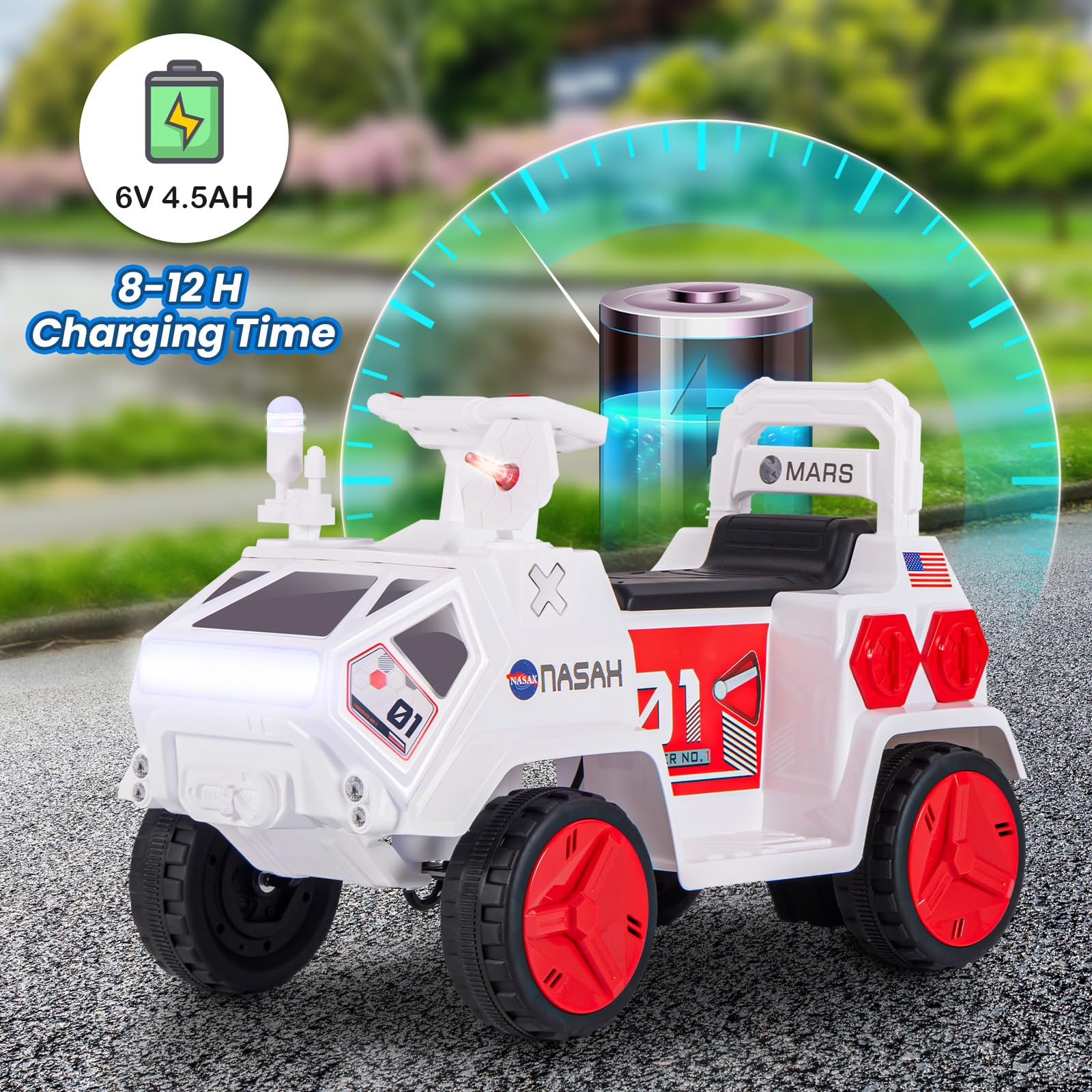 INFANS Ride on Car, 6V Electric Toy for Kids with Radar, Rocket, MP3, USB, Horn, 4-Wheeler Battery Powered Quad Gift for Toddlers