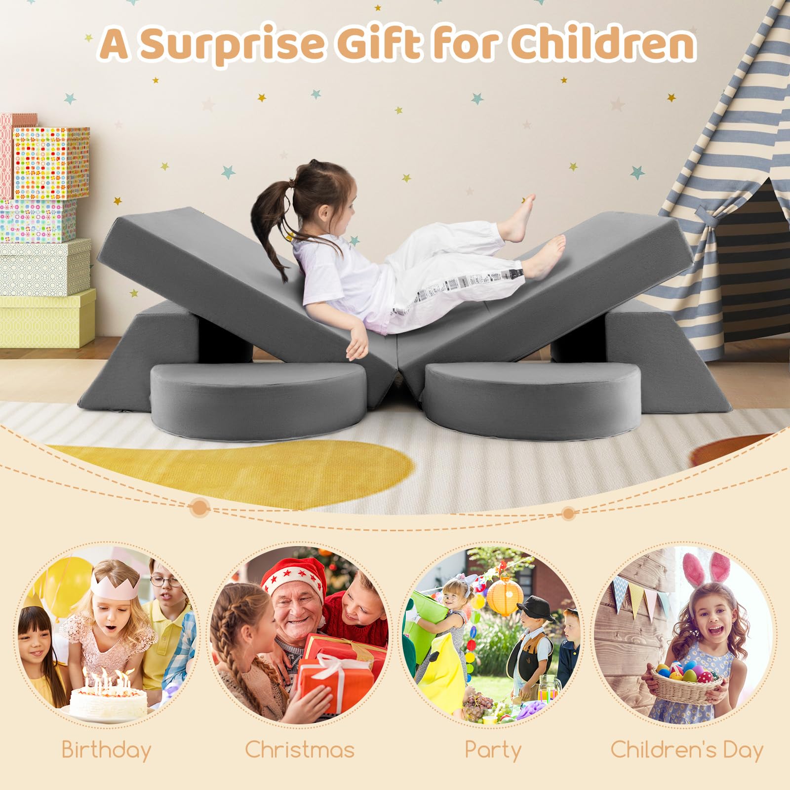 INFANS Mondular Kids Play Couch, 8PCS Toddler Sectional Sofa Building Fort for Bedroom, Imaginative Convertible Floor Cushion