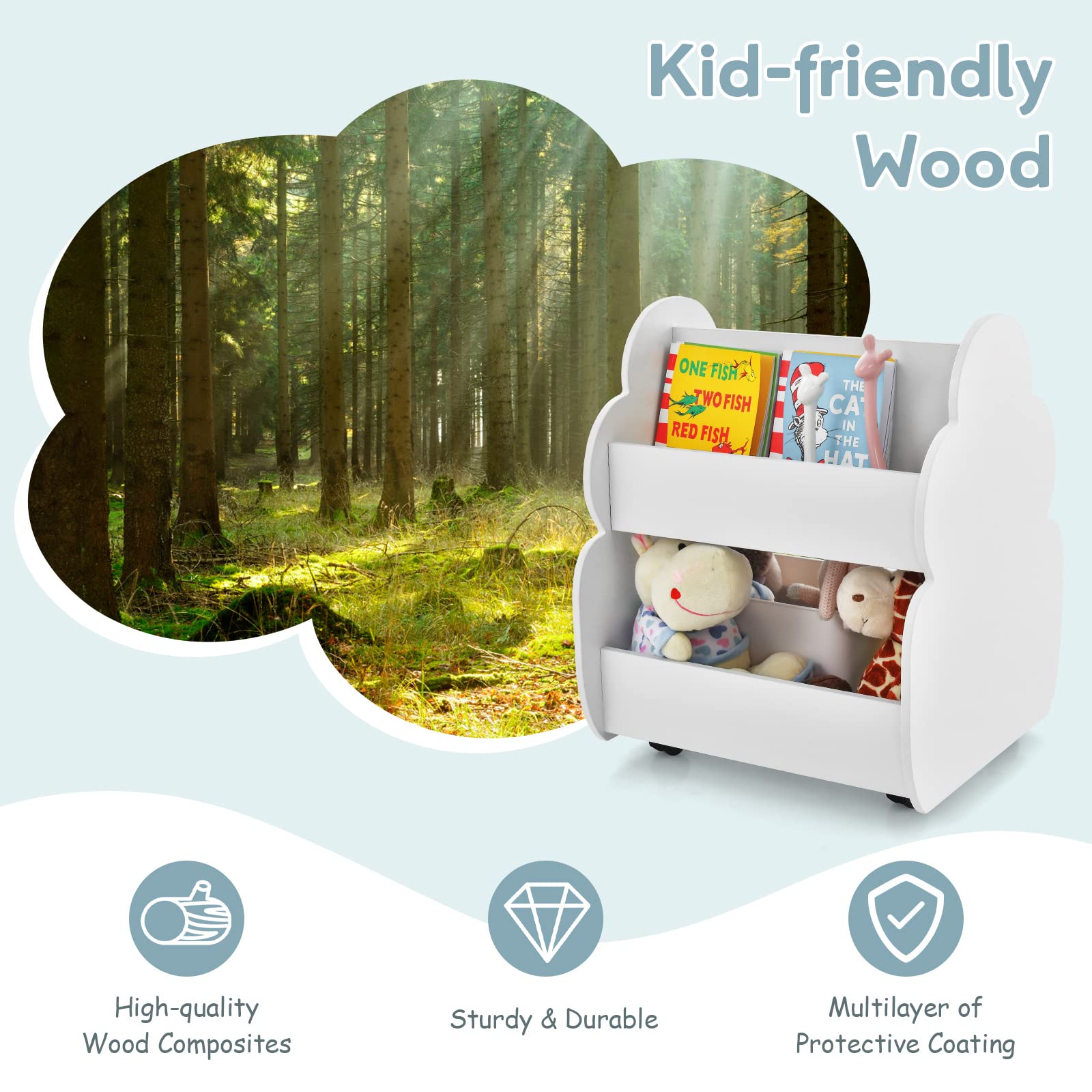 INFANS Kids Bookshelf with Wheels, Wooden Bookcase Toy Storage Cabinet Organizer Holder