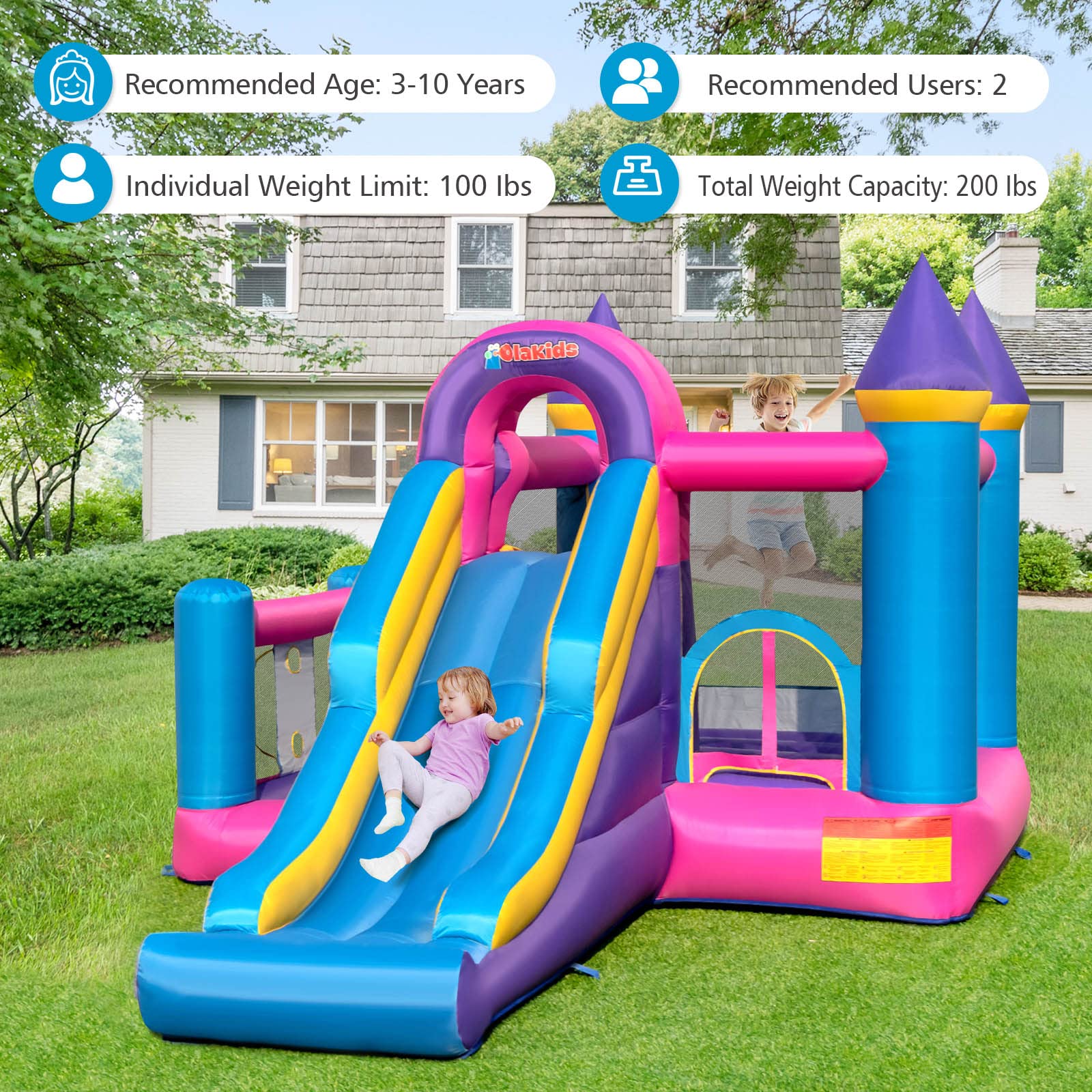 INFANS Inflatable Bounce House, Kids Pink Jumping Castle with Slide, Ball Pit, Climbing Wall, Basketball Rim