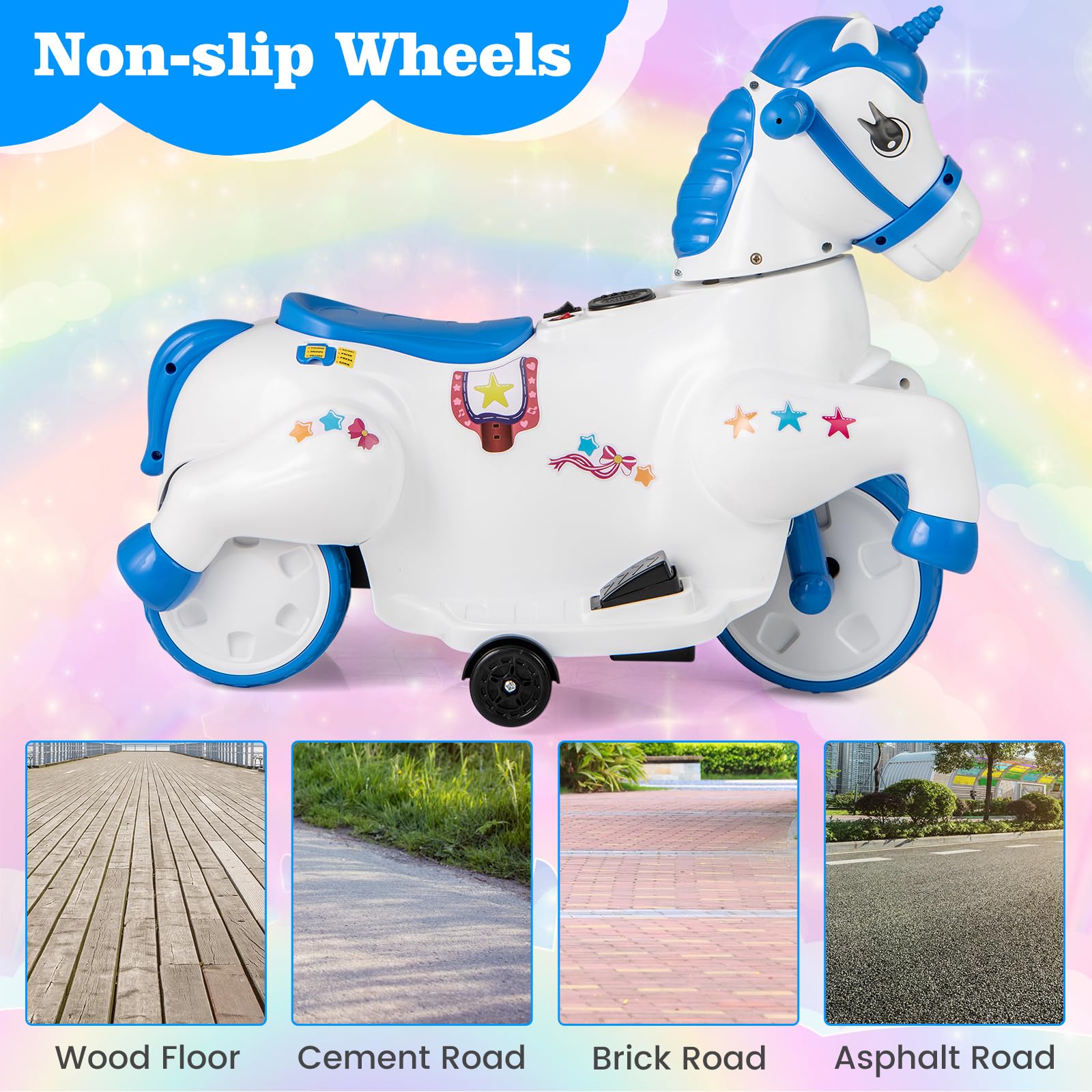 INFANS 2 in 1 Ride on Motorcycle and Horse, Unicorn 6V Battery Powered Ride on Toy with Up & Down Function, Kids Electric Vehicle
