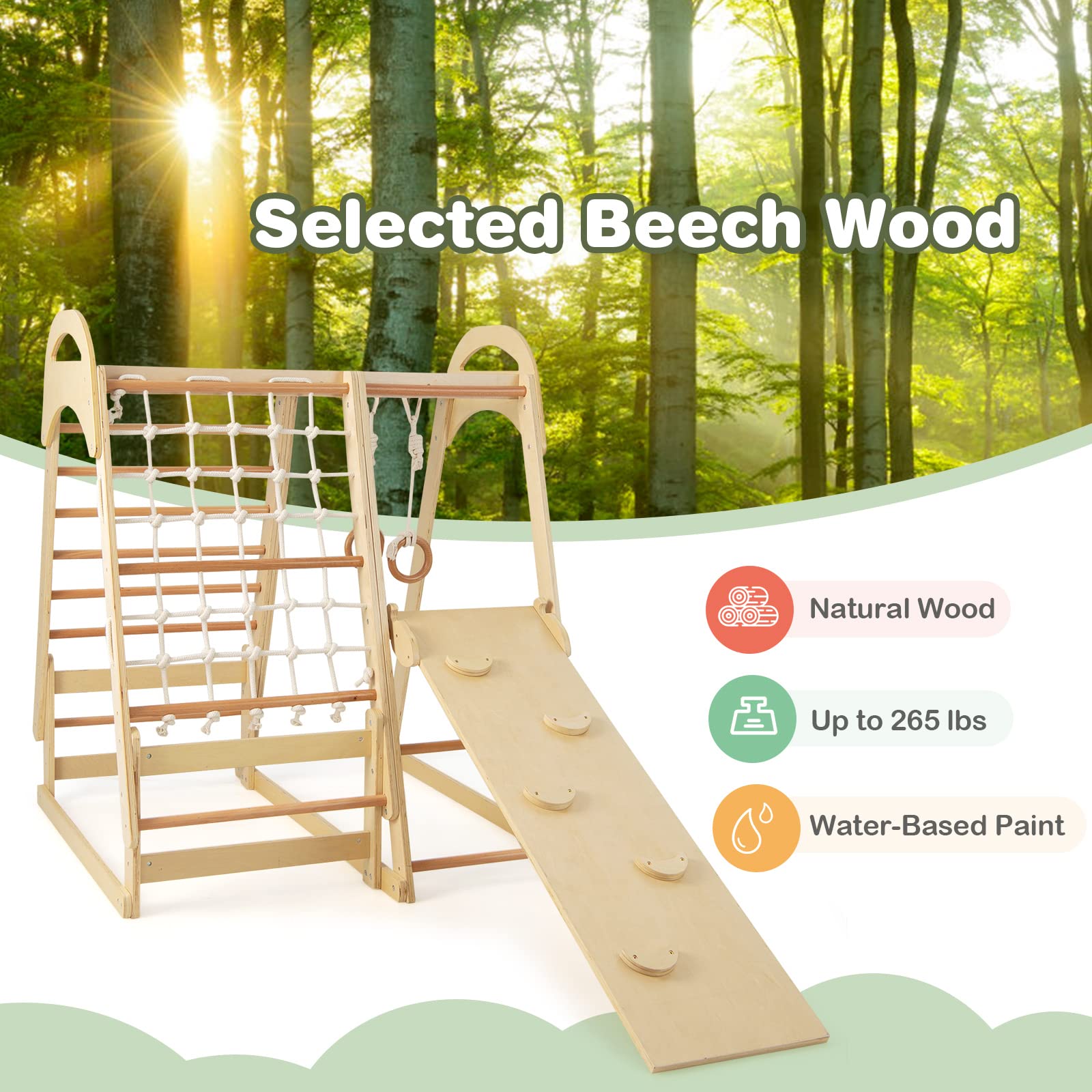 NFANS 7 in 1 Wooden Montessori Climber Playset with Tent Slide Climbing Rock Climbing Net