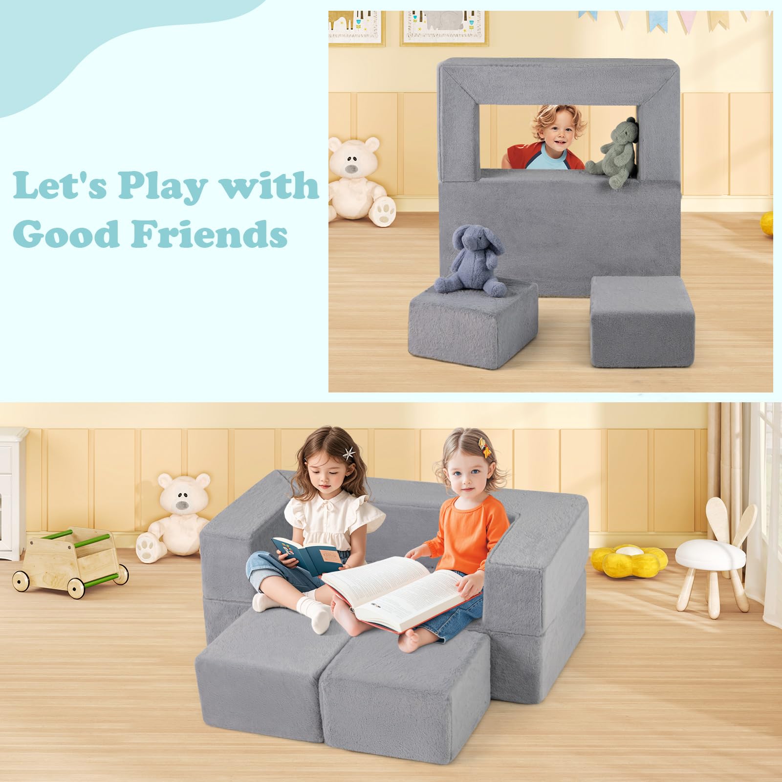 INFANS Modular Kids Play Couch, Toddler Sectional Fort Building Sofa for Playroom, Bedroom, Convertible Soft Foam Furniture