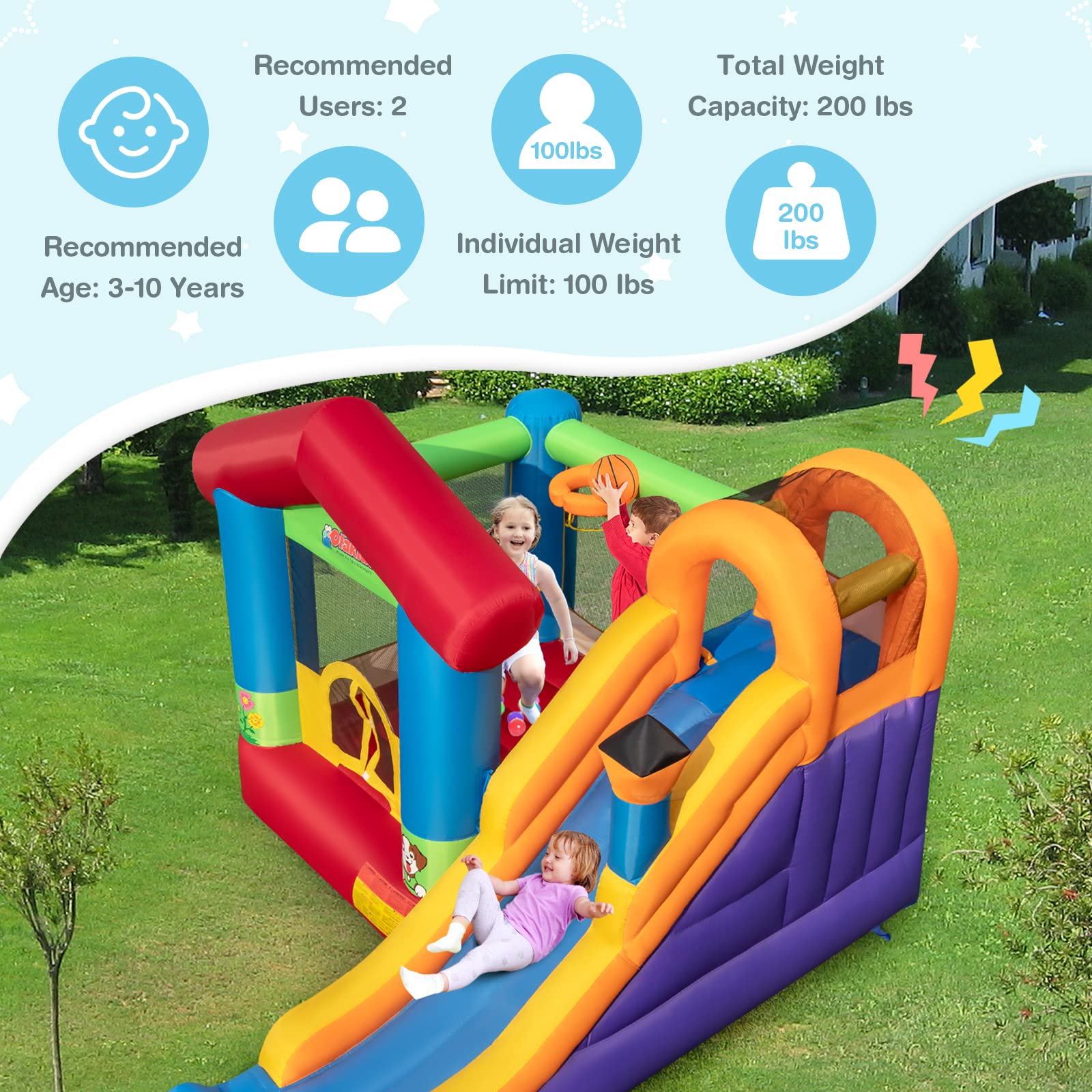 INFANS Inflatable Bounce House, Kids Jumping Castle with Slide, Basketball Rim, Climbing Wall