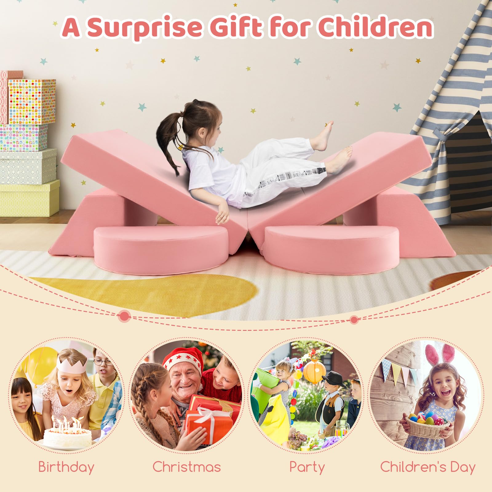 INFANS Mondular Kids Play Couch, 8PCS Toddler Sectional Sofa Building Fort for Bedroom, Imaginative Convertible Floor Cushion