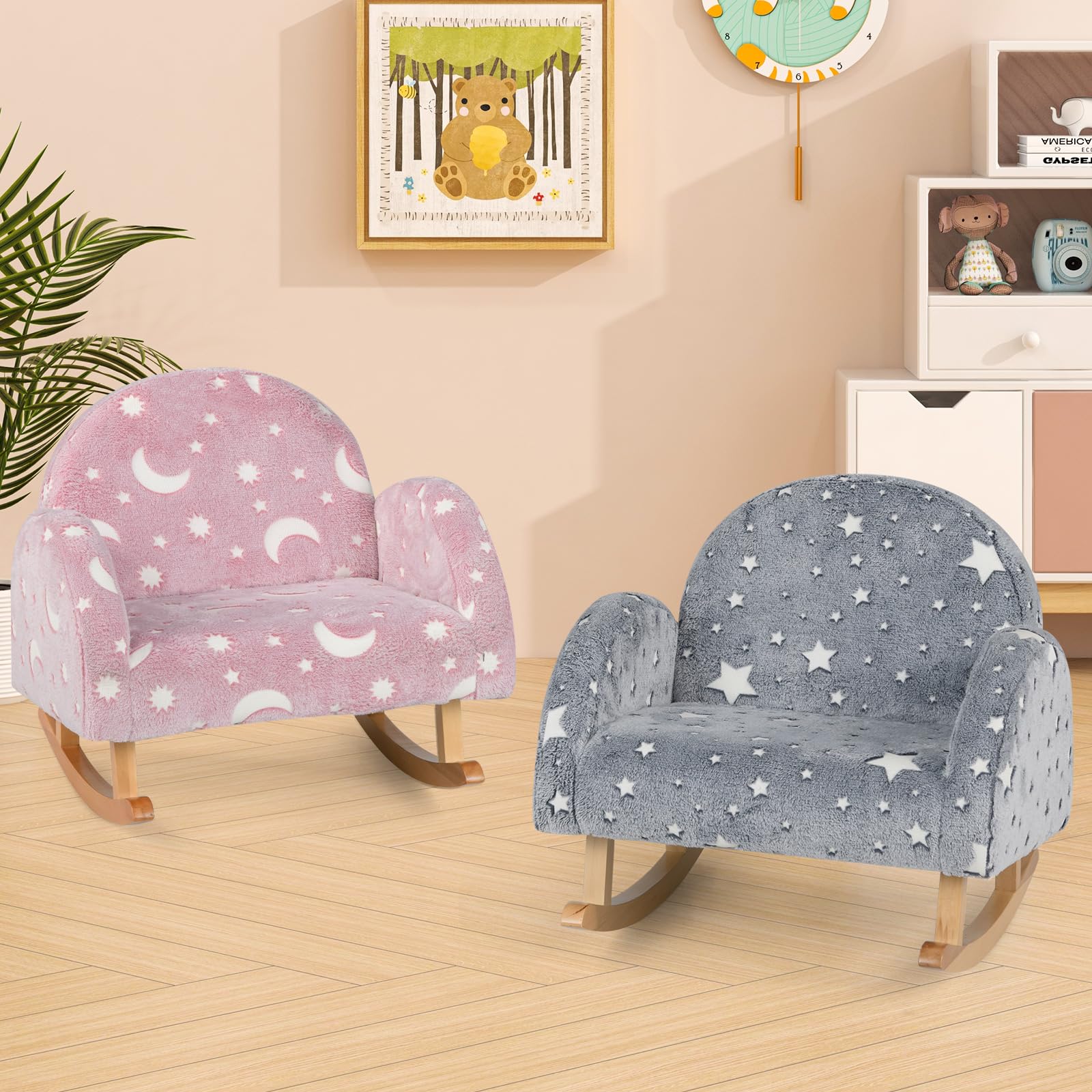 INFANS Kids Sofa with Glow in The Dark, Toddler Rocking Chair, Upholstered Comfy Foam Children Chair for Kindergarten Playroom