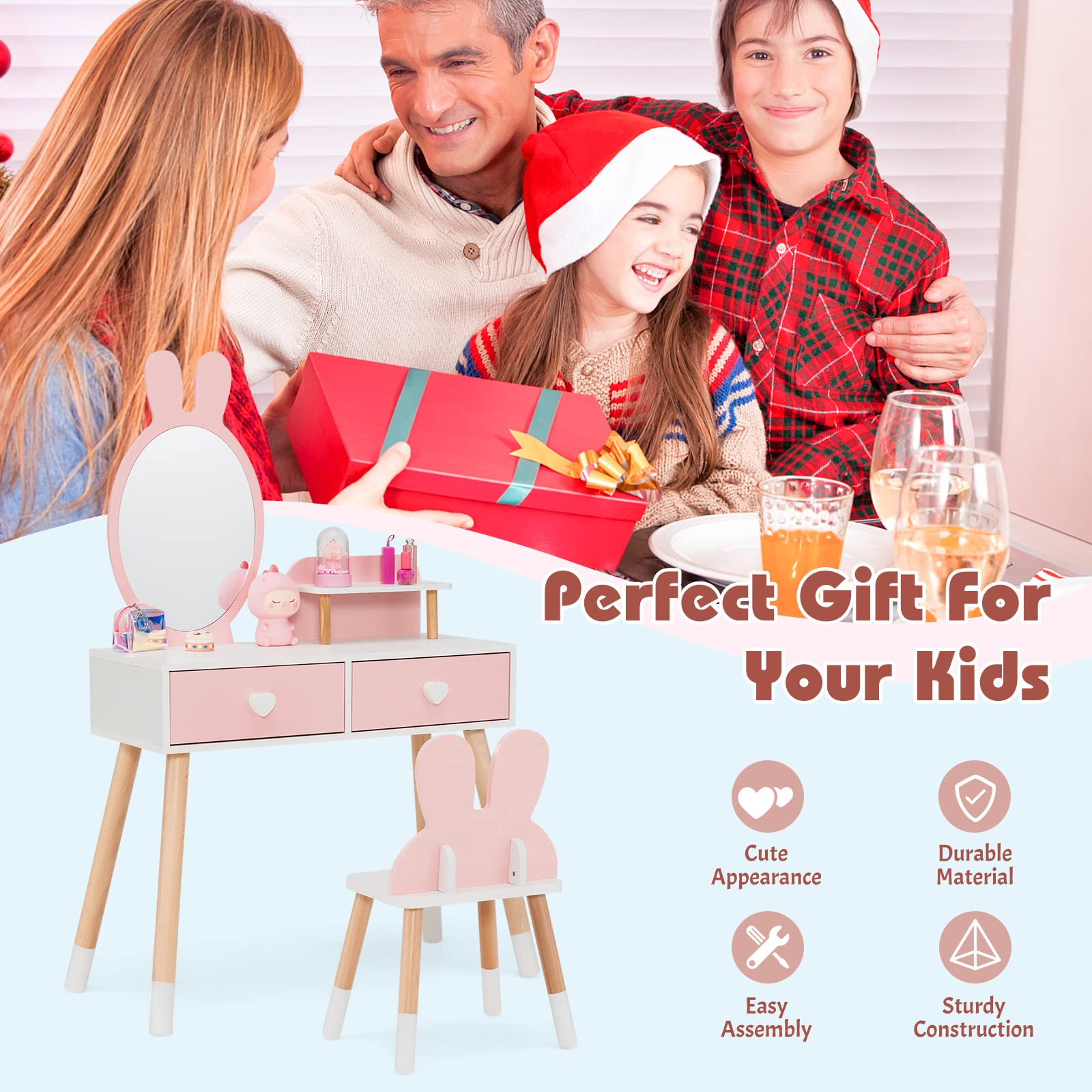 INFANS Kids Vanity Set, 2 in 1 Wooden Princess Makeup Table and Chair with Mirror INFANS
