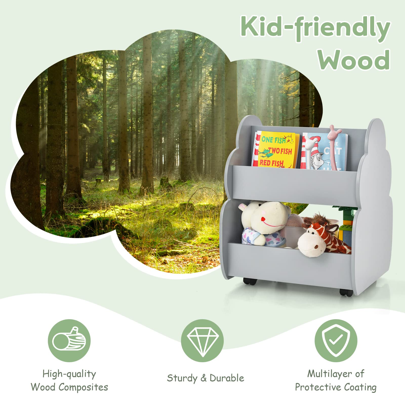 INFANS Kids Bookshelf with Wheels, Wooden Bookcase Toy Storage Cabinet Organizer Holder