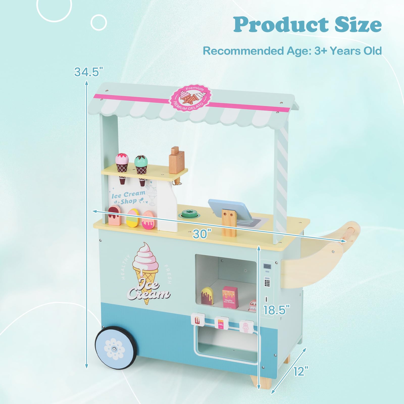 INFANS Ice Cream Cart Grocery Store Marketplace Toy, Market Stand Shop Pretend Play Set with Accessories Gift for Ages 3+
